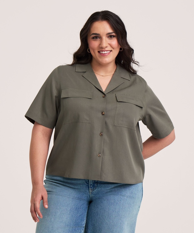 Denver Hayes Women's Short Sleeve Tencel Relaxed Utility Button-Up Shirt
