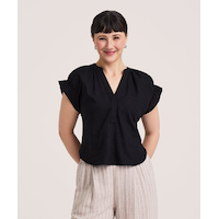 Denver Hayes Women's Short Sleeve Ruffle V-Neck Linen Blouse Front_Flat