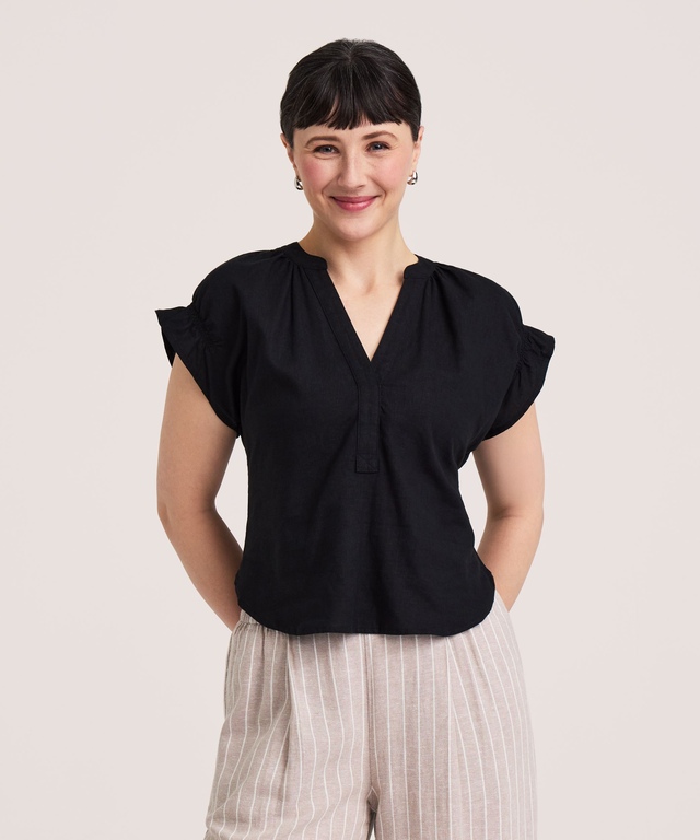 Denver Hayes Women's Short Sleeve Ruffle V-Neck Linen Blouse