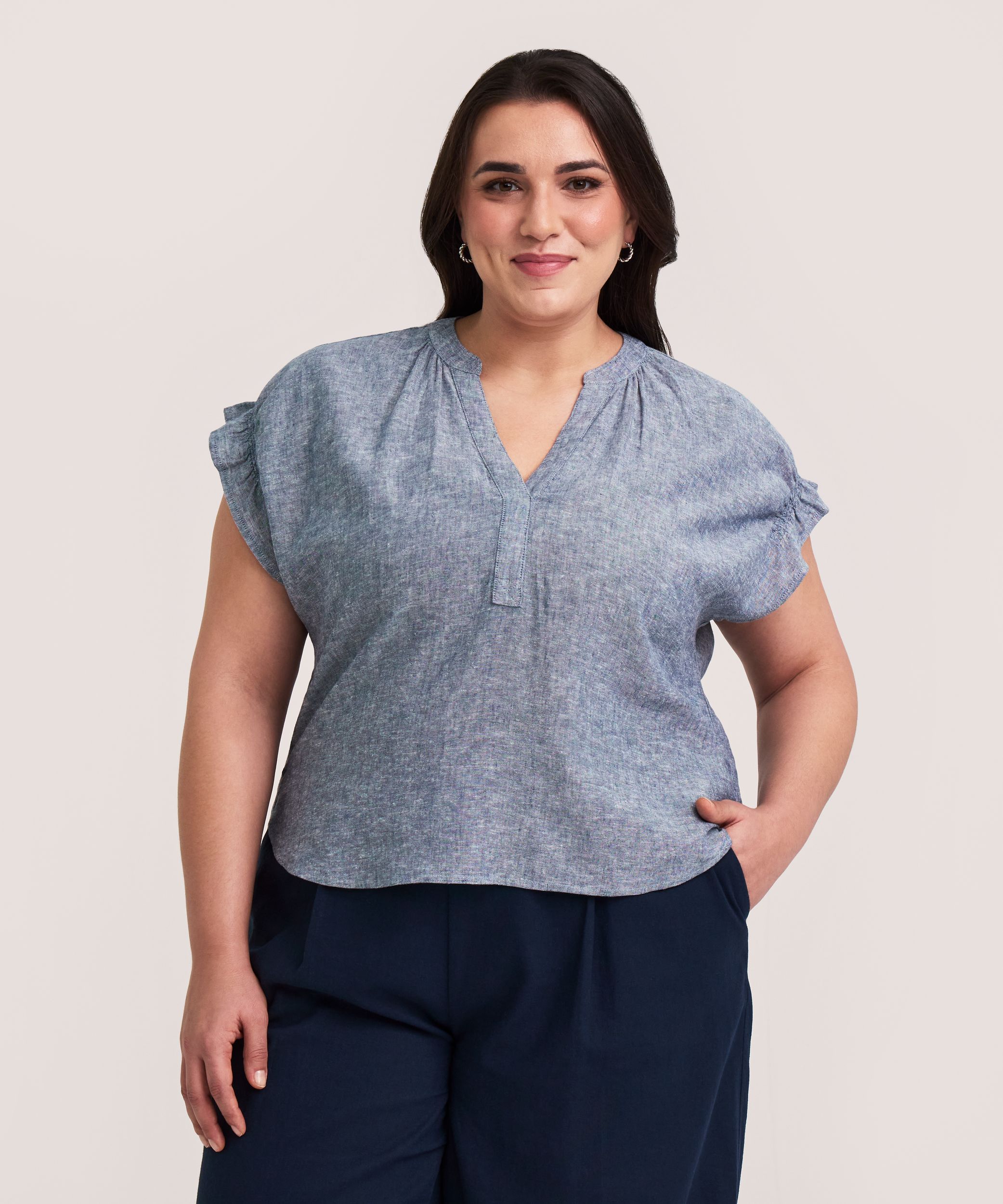 Blouse en lin à encolure en V et à manches courtes pour femmes, Denver Hayes