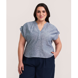 Denver Hayes Women's Short Sleeve Ruffle V-Neck Linen Blouse