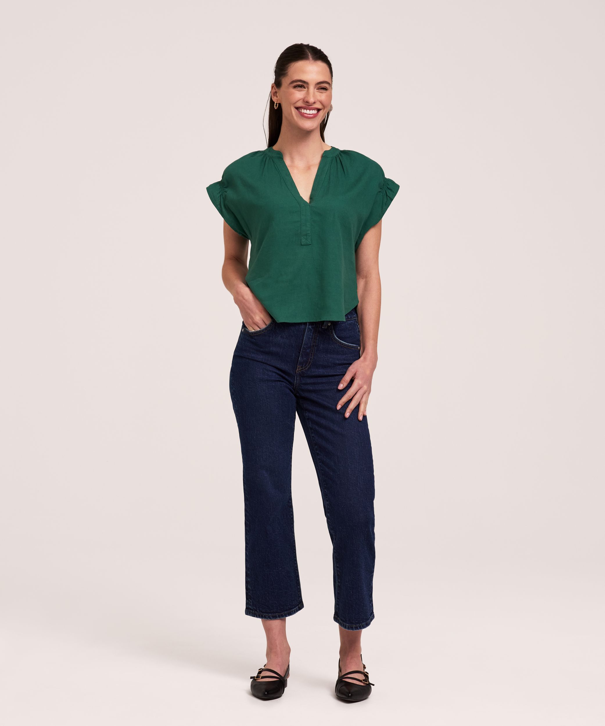 Blouse en lin à encolure en V et à manches courtes pour femmes, Denver Hayes