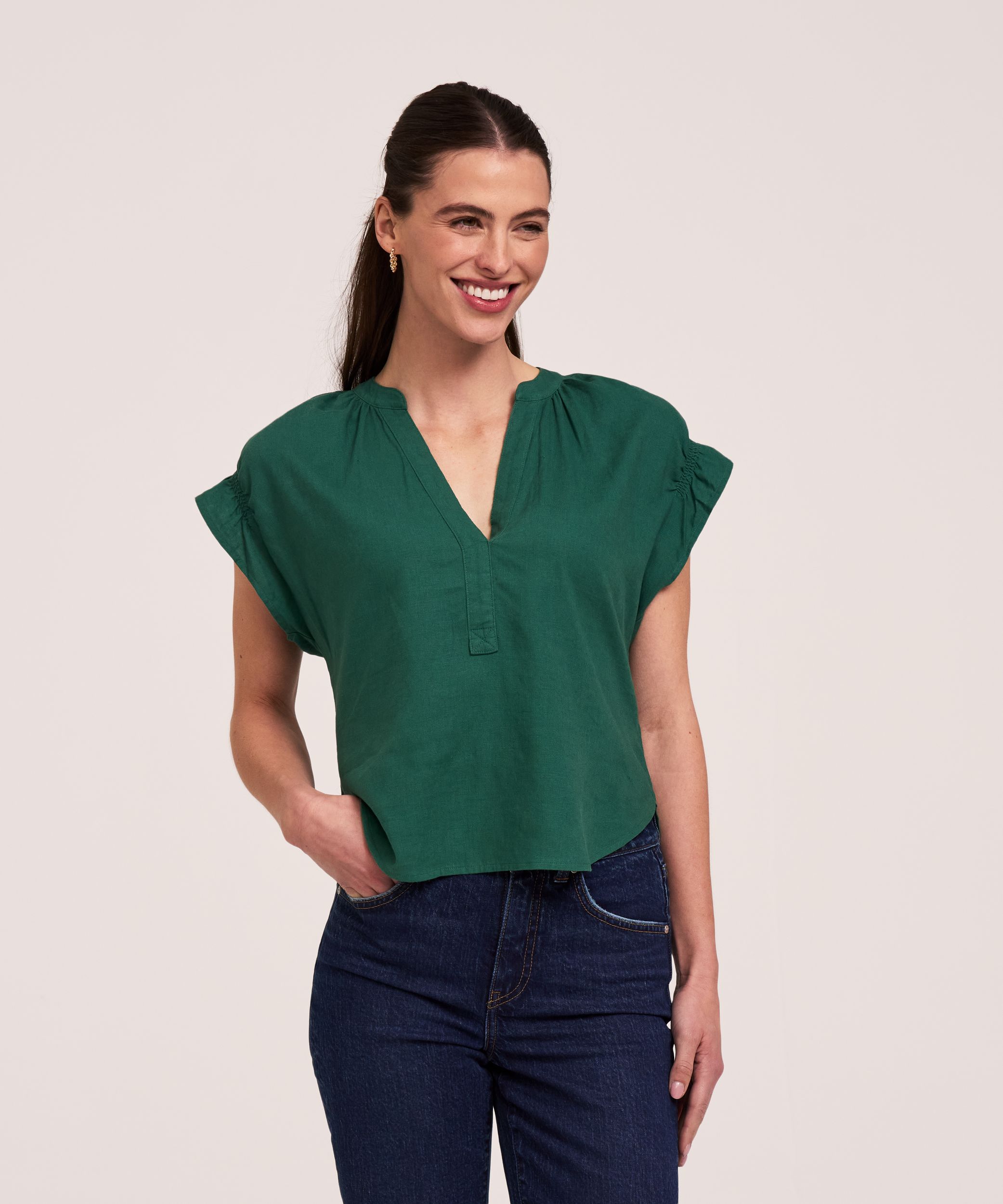 Blouse en lin à encolure en V et à manches courtes pour femmes, Denver Hayes