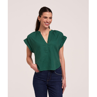 Denver Hayes Women's Short Sleeve Ruffle V-Neck Linen Blouse