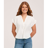 Denver Hayes Women's Short Sleeve Ruffle V-Neck Linen Blouse