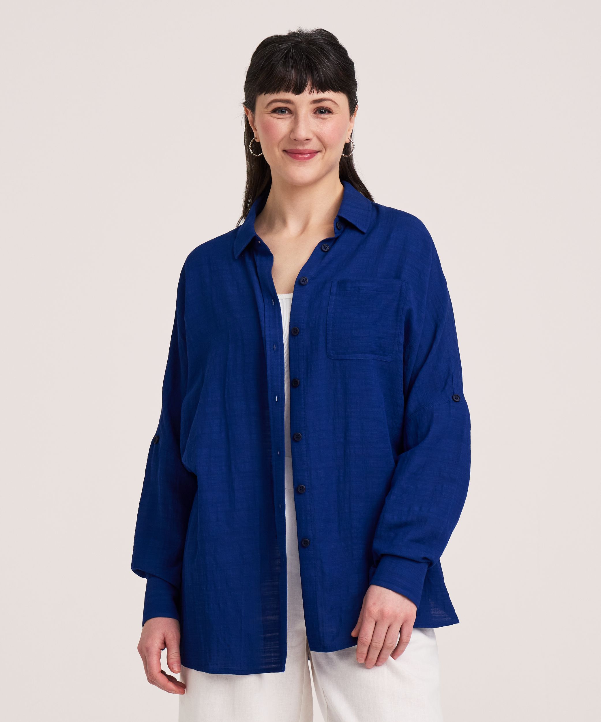 Denver Hayes Women's Long Sleeve Oversized Gauze Button-Up Shirt