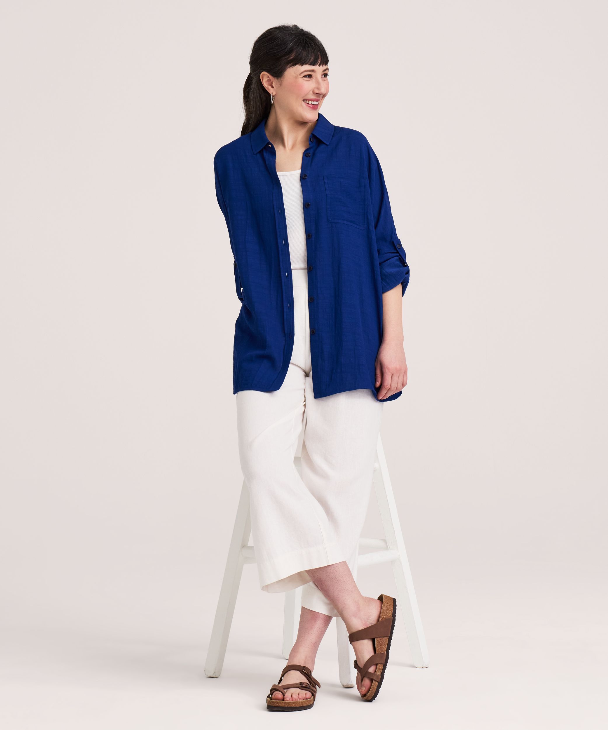 Denver Hayes Women's Long Sleeve Oversized Gauze Button-Up Shirt