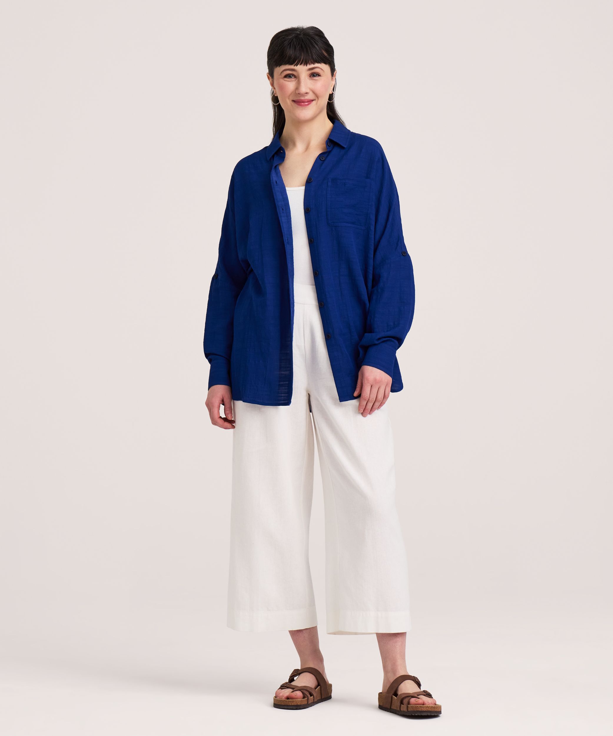 Denver Hayes Women's Long Sleeve Oversized Gauze Button-Up Shirt