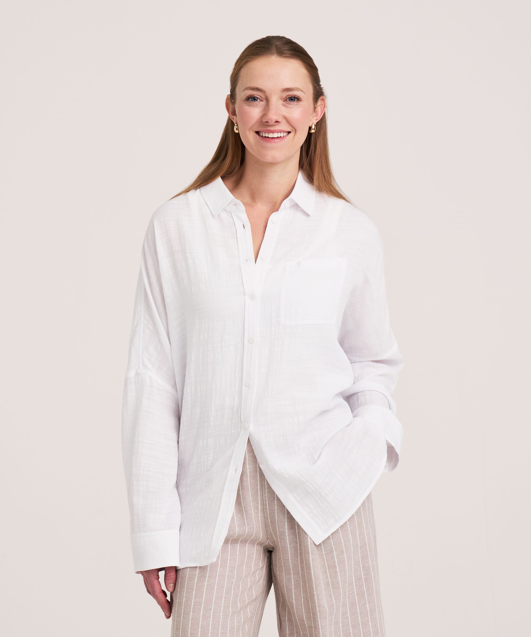 Denver Hayes Women's Long Sleeve Oversized Gauze Button-Up Shirt