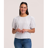 Blouse rayée à manches bouffantes pour femmes, Denver Hayes Front_Flat