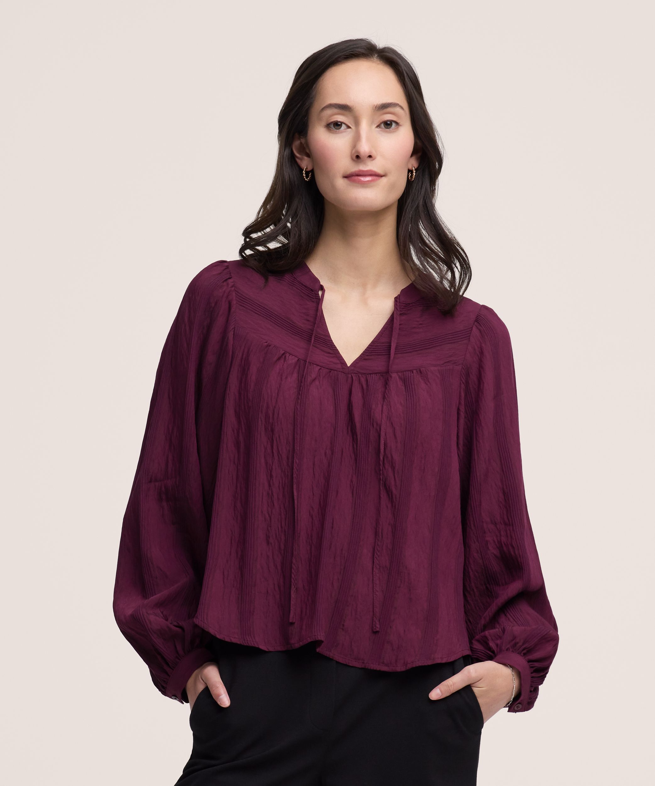 Denver Hayes Women's Long Sleeve Textured BOHO Blouse