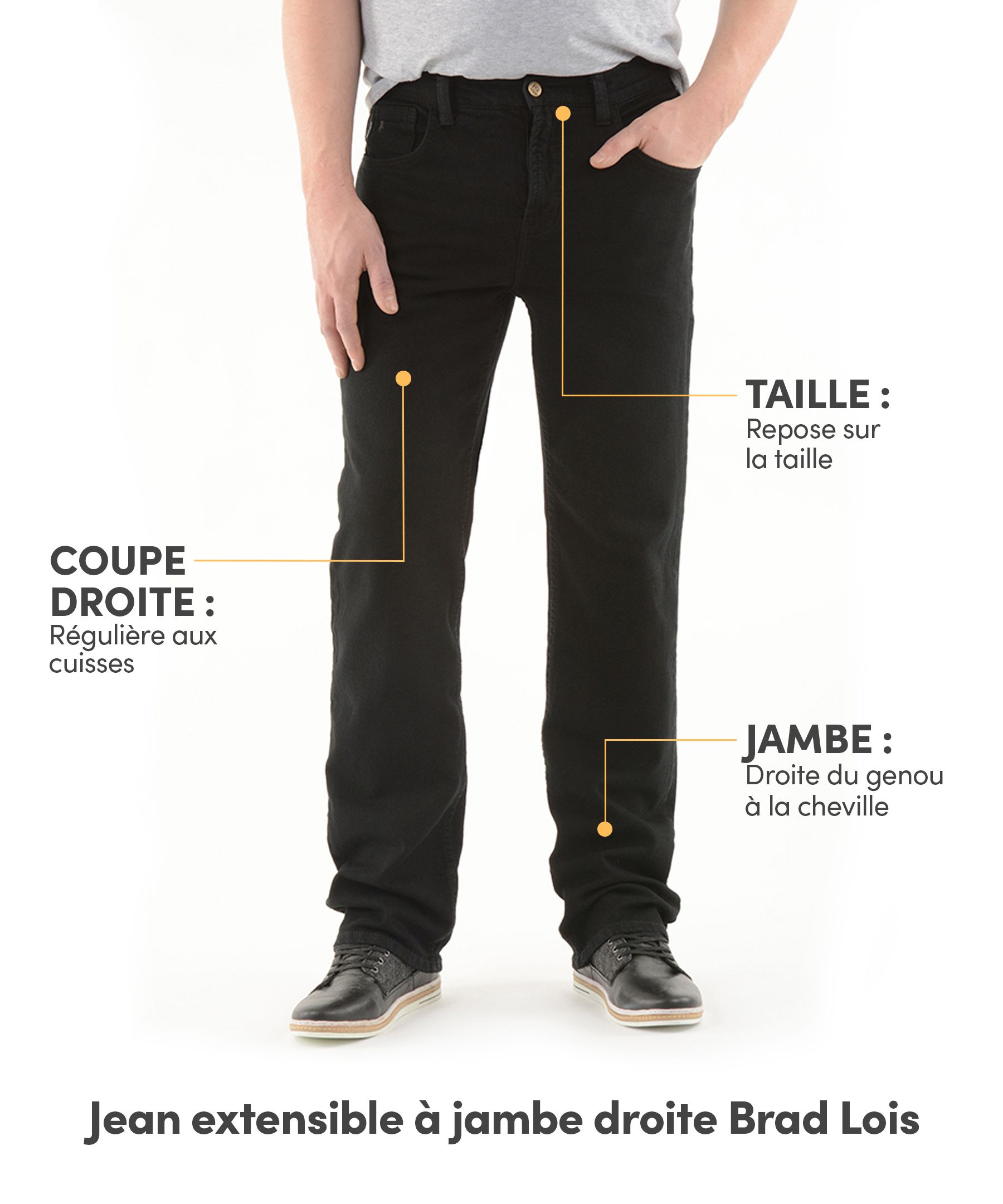 Jean extensible noir à jambe droite pour hommes, Brad
