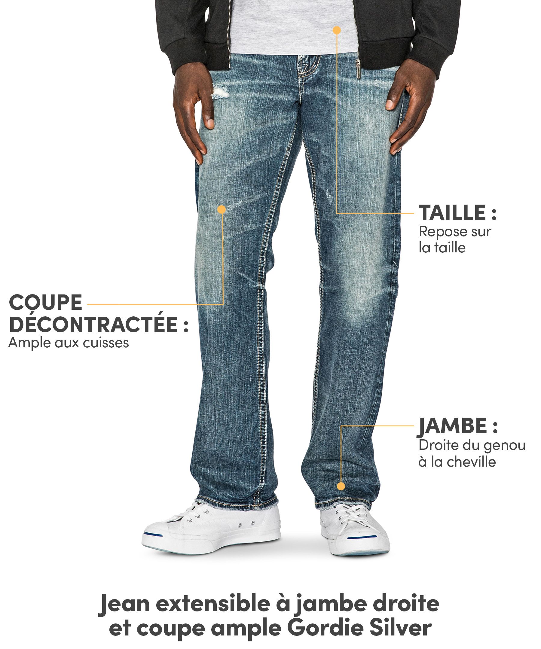 Silver Jean foncé à coupe ample et jambe droite pour hommes, Gordie