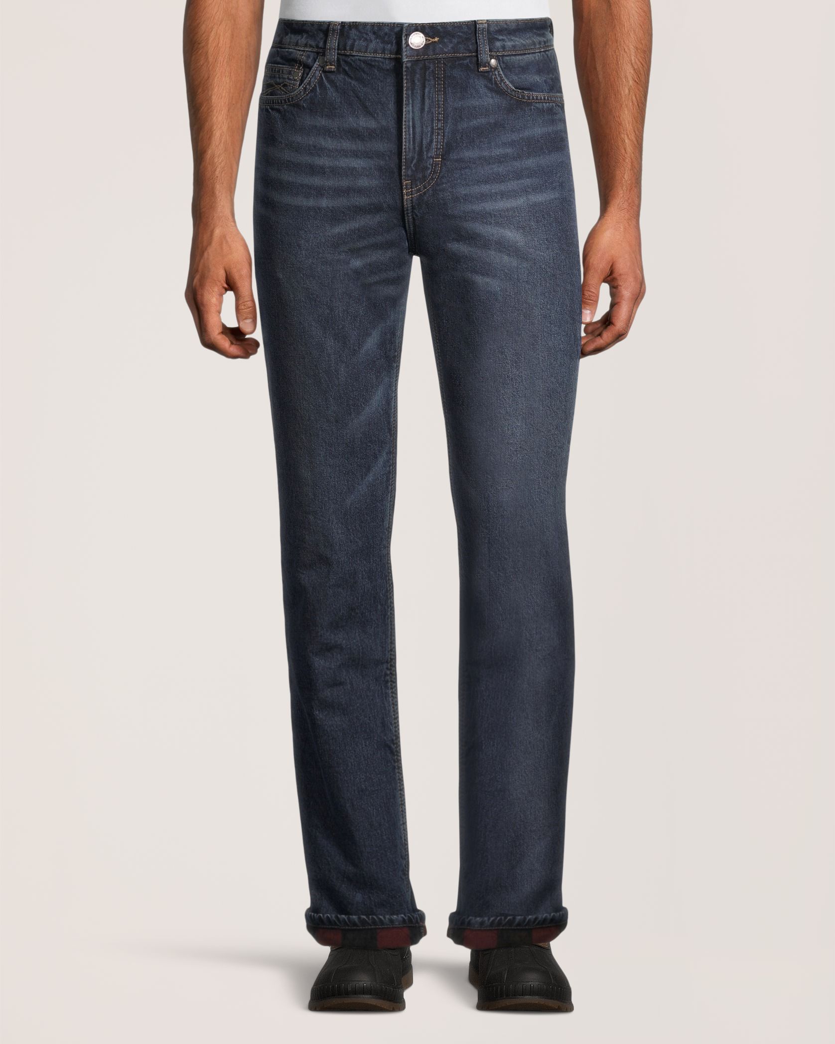 WindRiver Men's T-Max Plaid Flannel Lined Straight Fit Regular Rise Jeans - Dark Wash