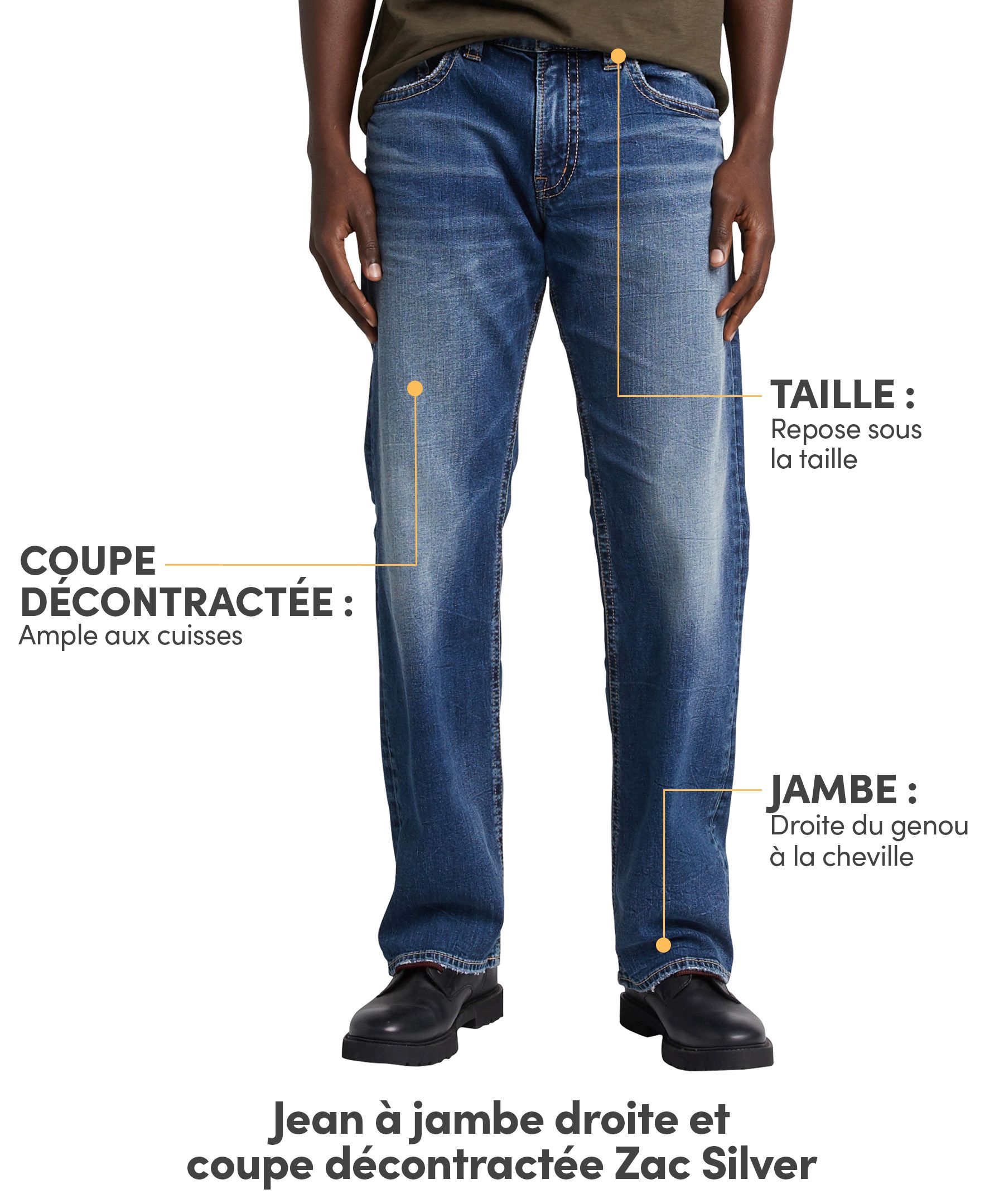 Silver Jean à jambe droite de coupe décontractée pour hommes, Zac