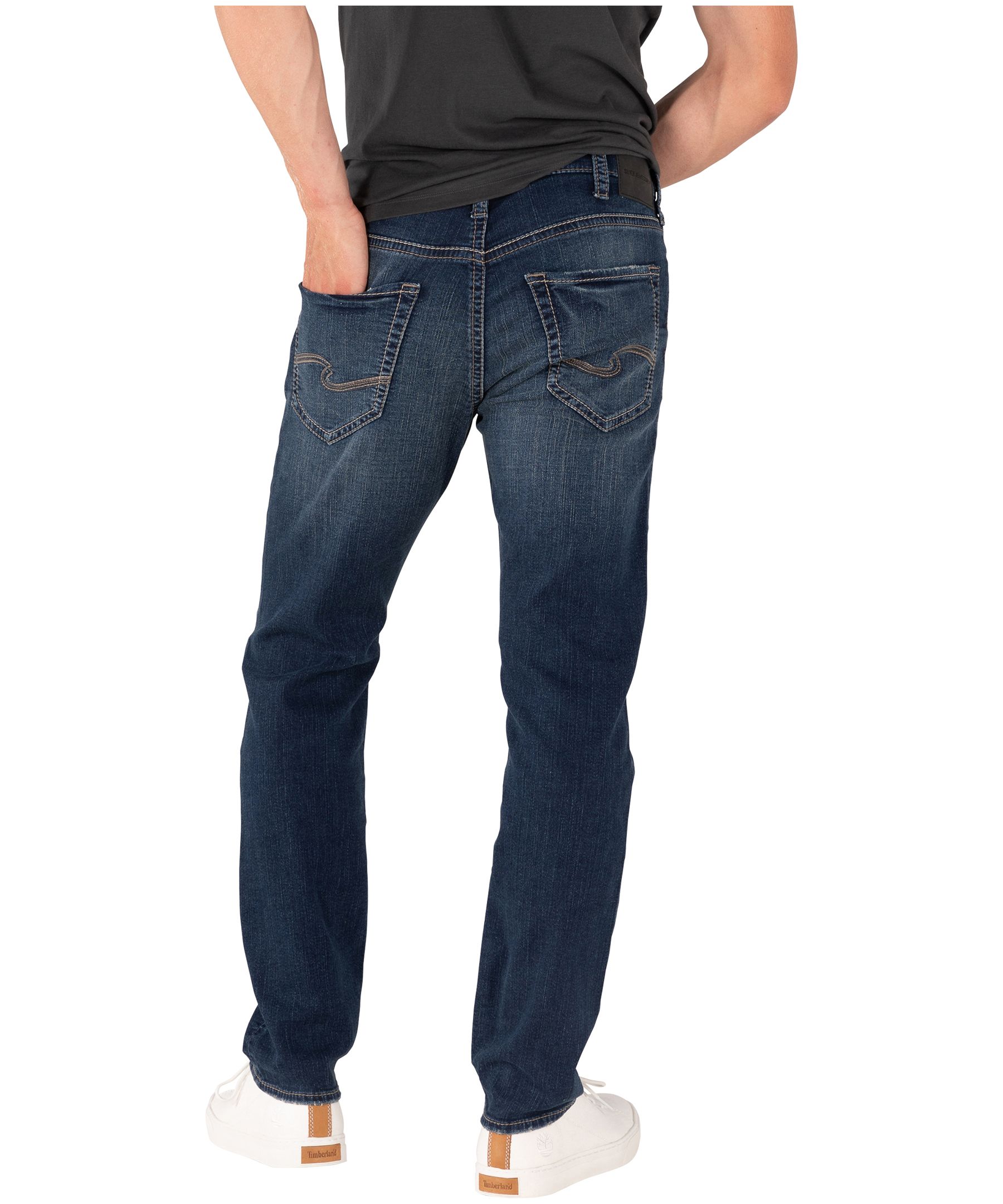 Jeans de coupe athlétique à jambe fuselée à taille mi-haute Eddie Silver de lavage foncé pour hommes