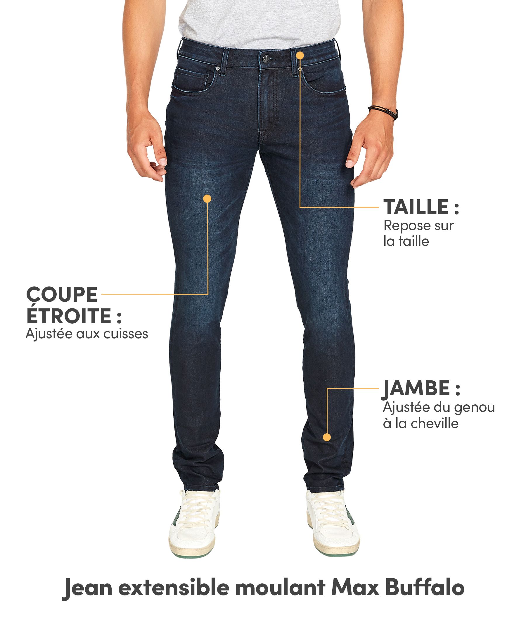 Jean extensible moulant Buffalo au délavé foncé pour hommes, Max