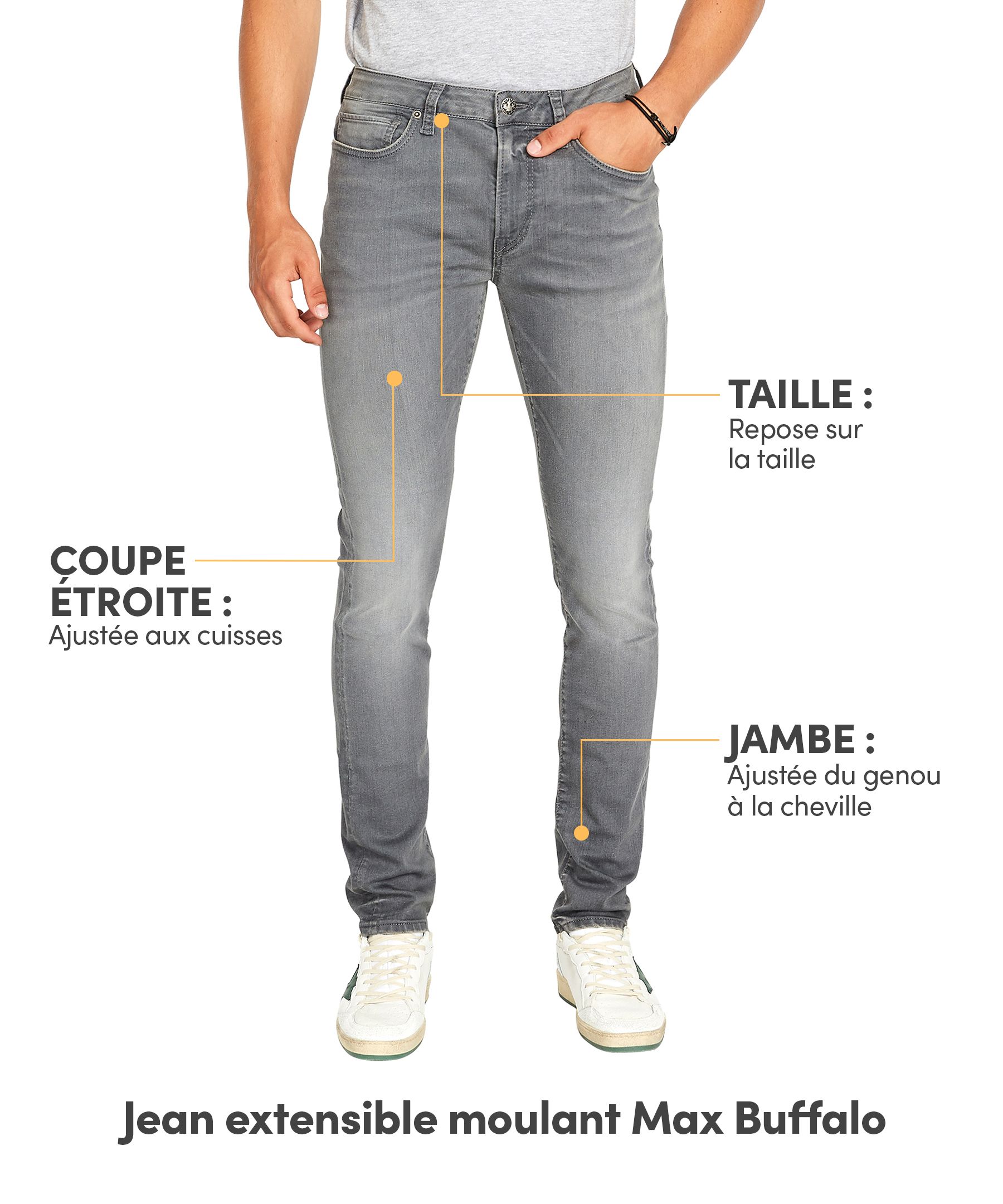 Jean gris Buffalo extensible et moulant pour hommes, Max