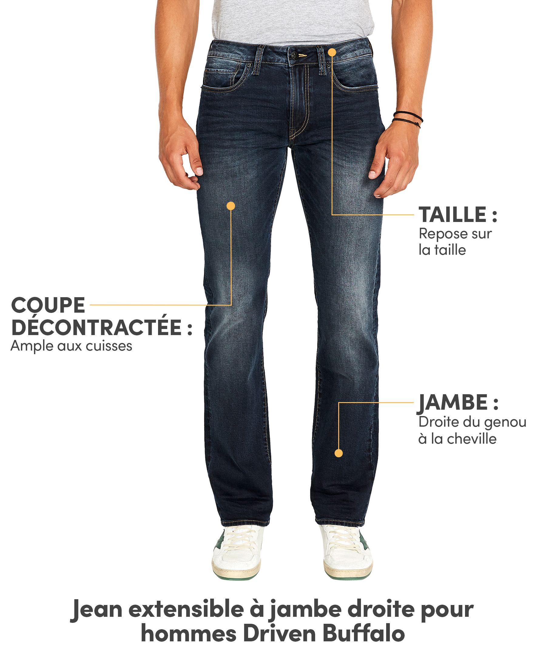 Jean extensible Buffalo de coupe décontractée à taille mi-basse et à jambe droite, pour hommes, Driven
