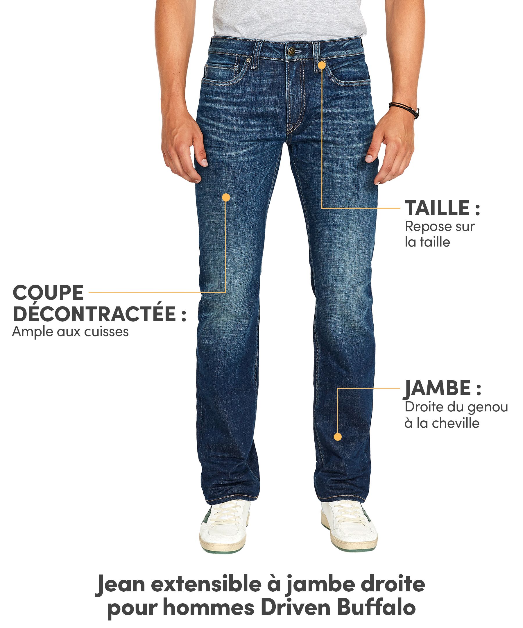 Jean extensible Buffalo de coupe décontractée à taille mi-basse et à jambe droite, pour hommes, Driven