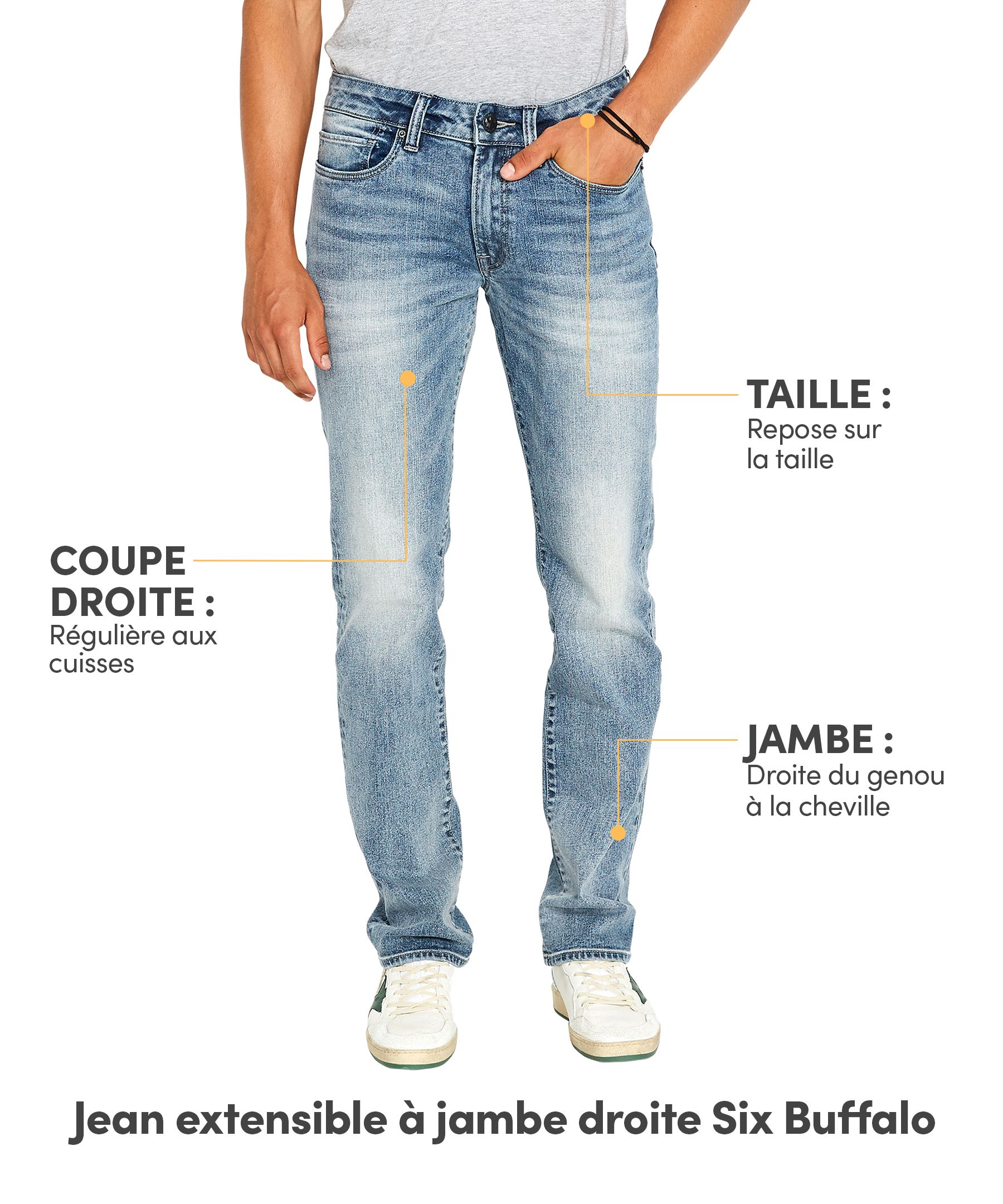 Jean extensible Buffalo à jambe droite, pour hommes, Six
