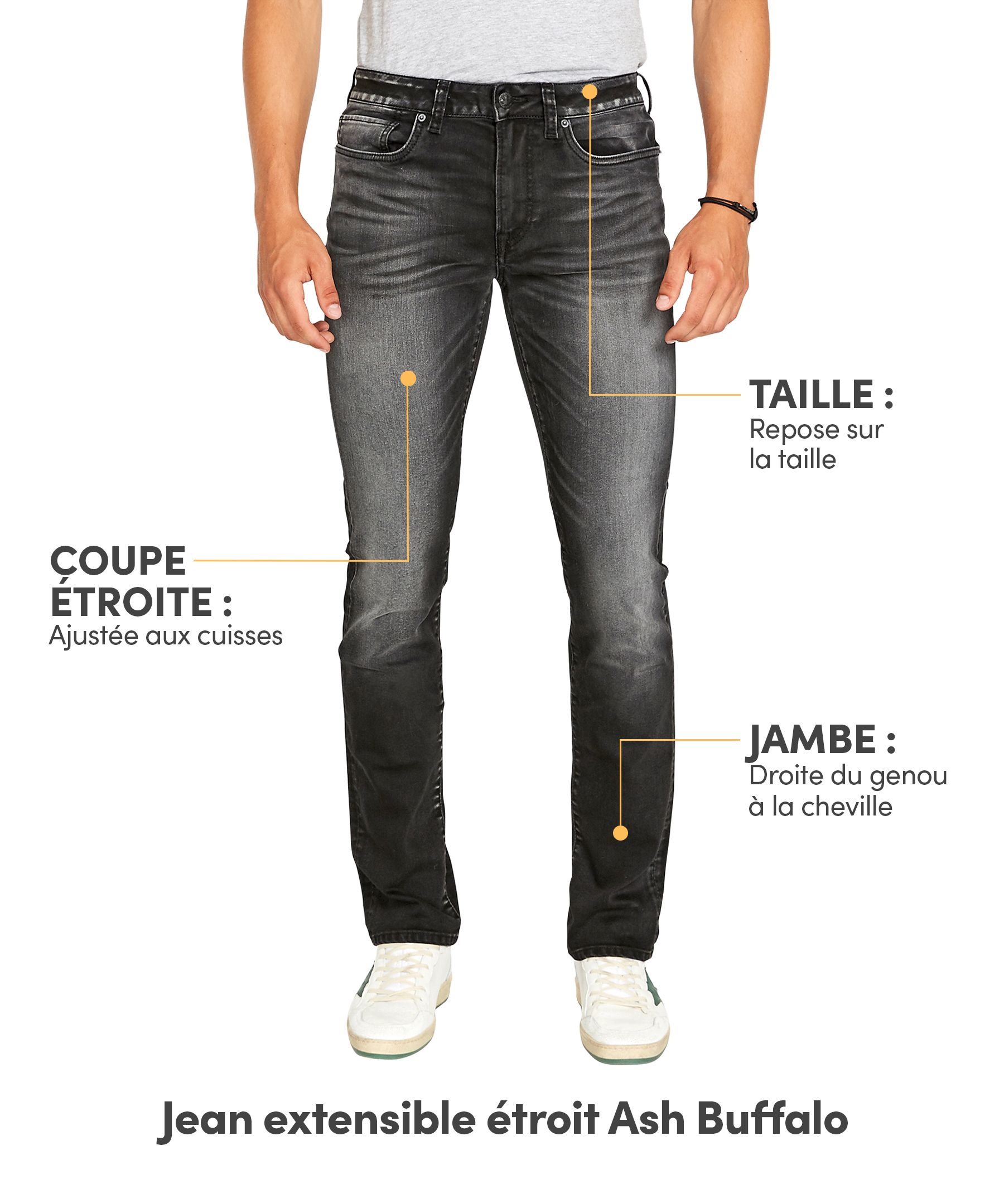 Jean extensible Buffalo à coupe étroite au délavé noir décoloré pour hommes, Ash