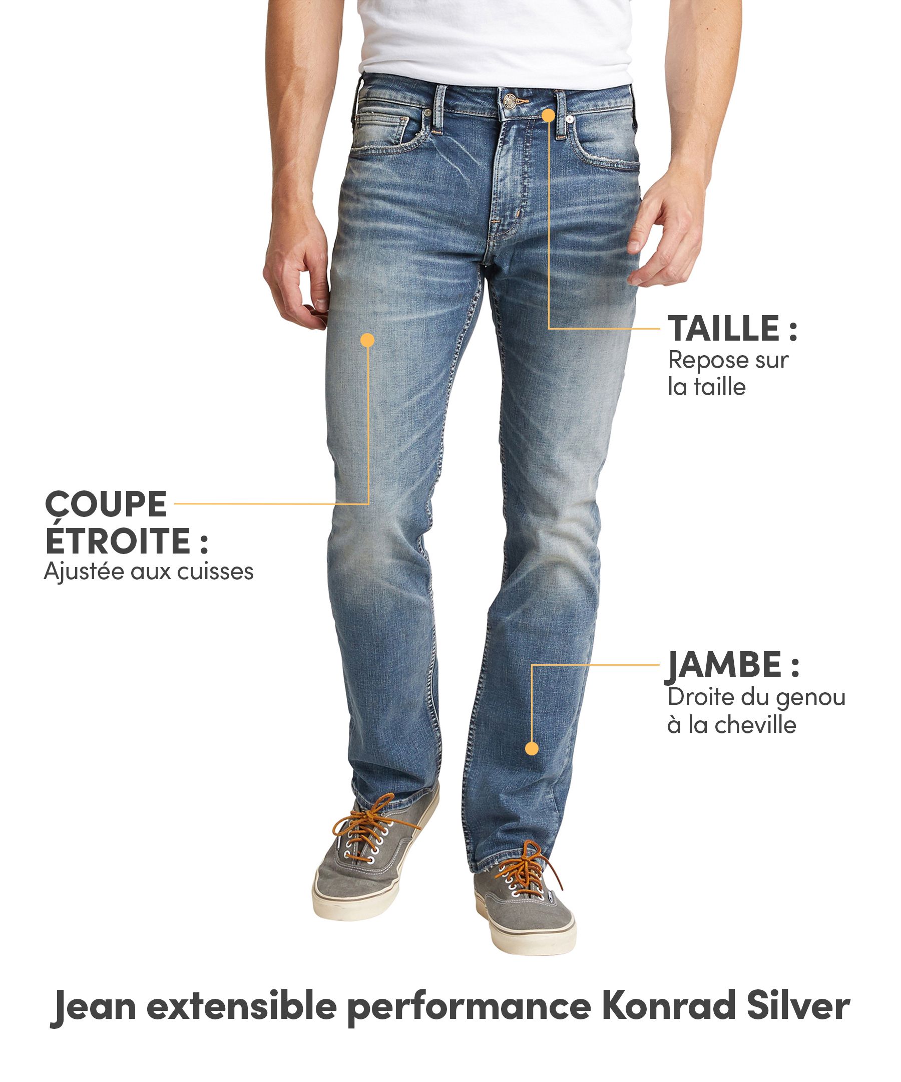 Jean Silver en denim extensible à haut rendement, pour hommes, Konrad