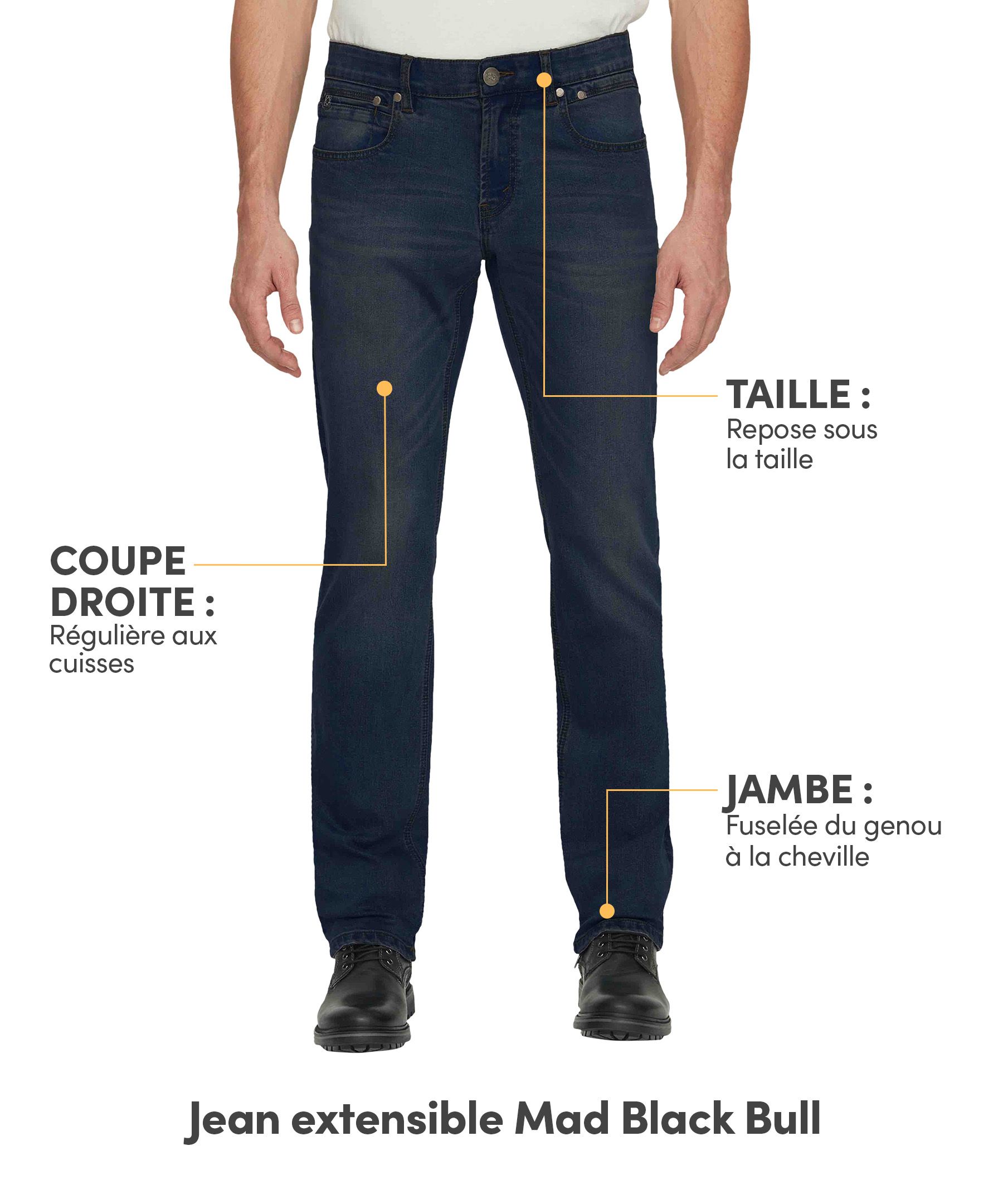 Jean extensible à coupe classique et taille basse avec 5&nbsp;poches pour hommes, Mad, Black Bull
