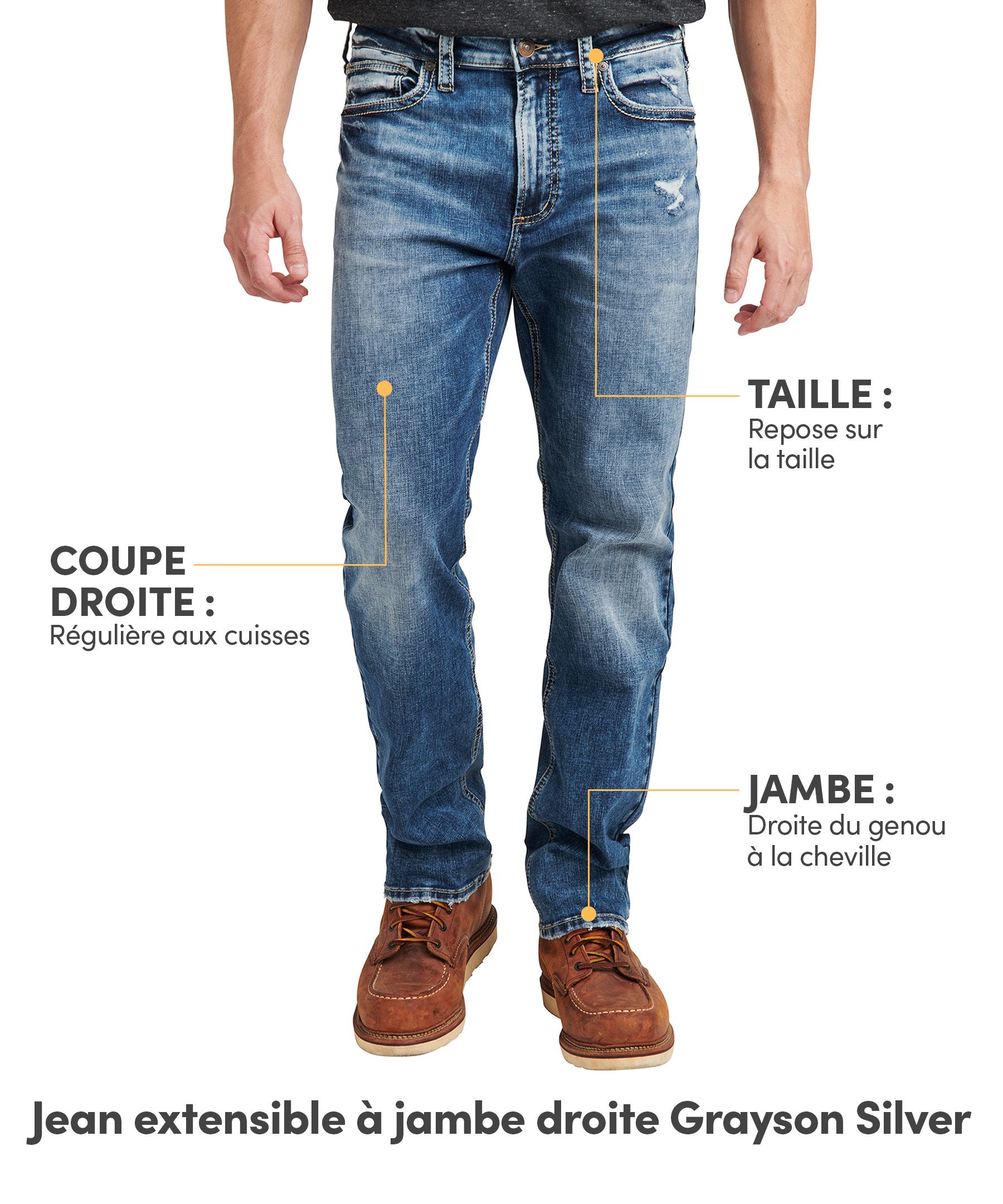 Jean en denim extensible à jambe droite et à coupe confortable pour hommes, Grayson - Délavé indigo foncé