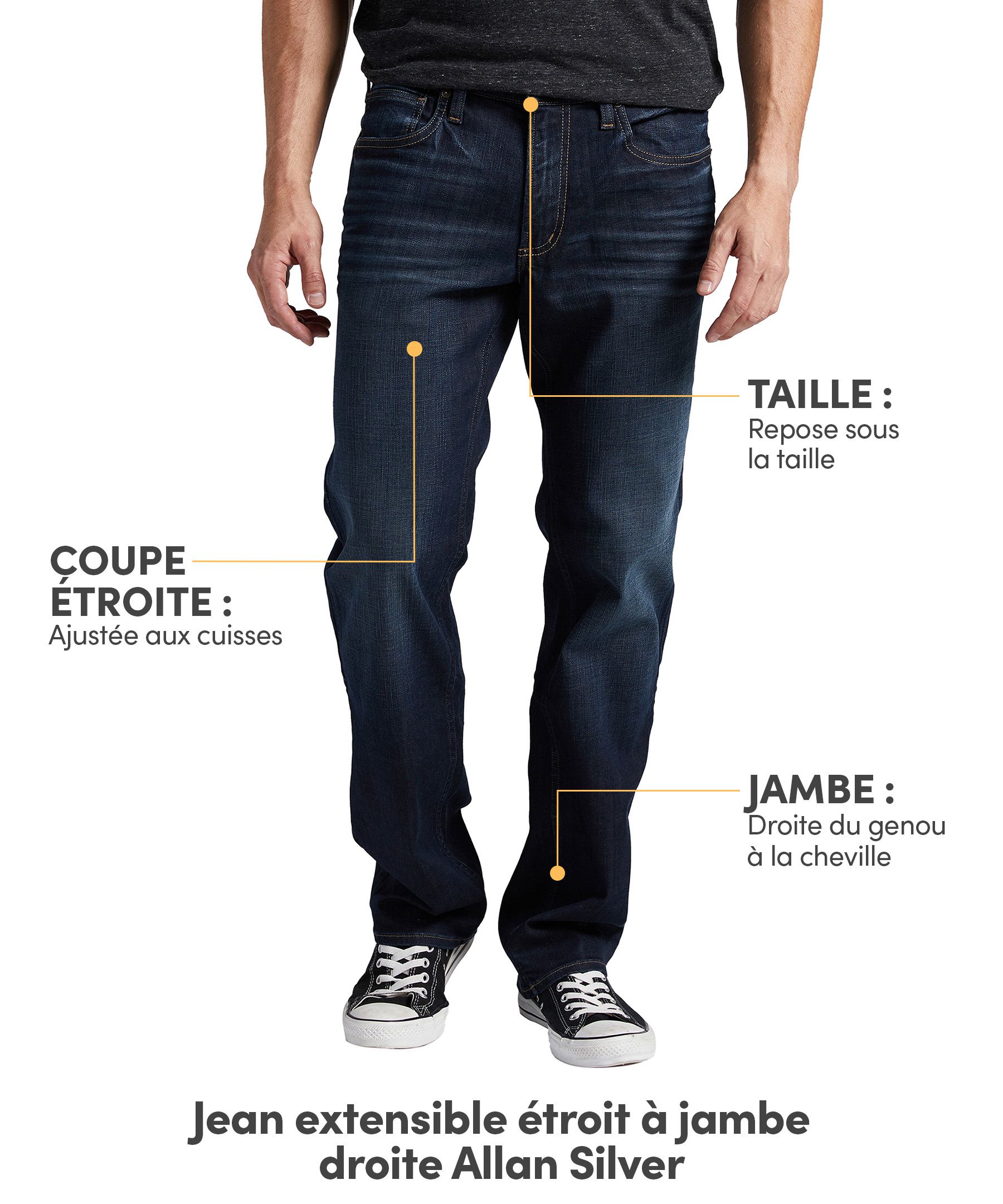 Jean étroit en denim extensible à coupe droite pour hommes, Allan, Silver
