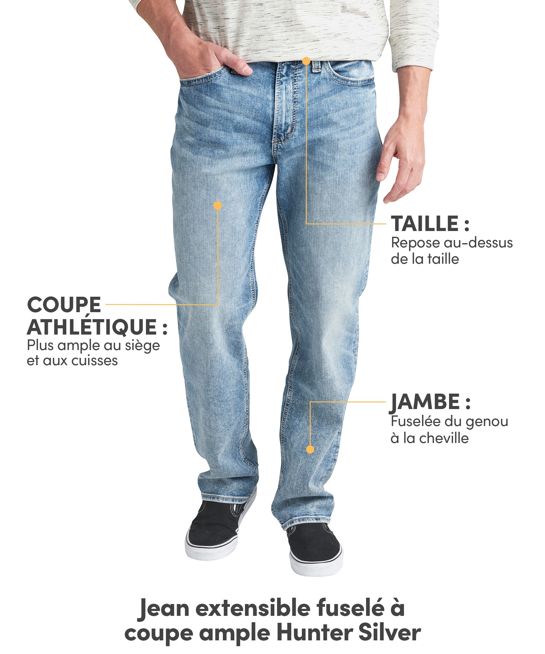 Jean en denim extensible à coupe ample et jambe fuselée pour hommes, Hunter, Silver Jeans