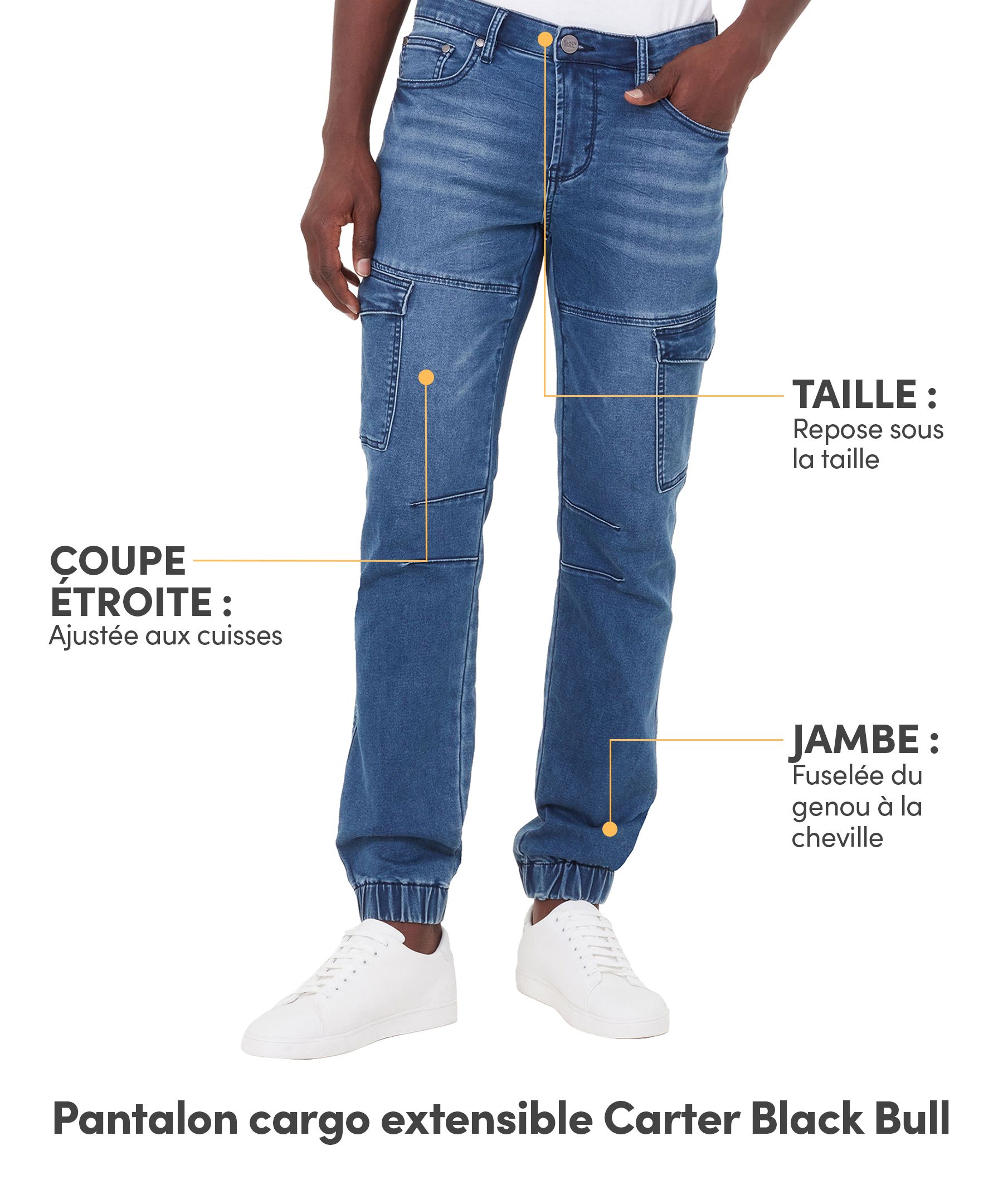 Pantalon extensible cargo à taille basse pour hommes, Black Bull, Carter