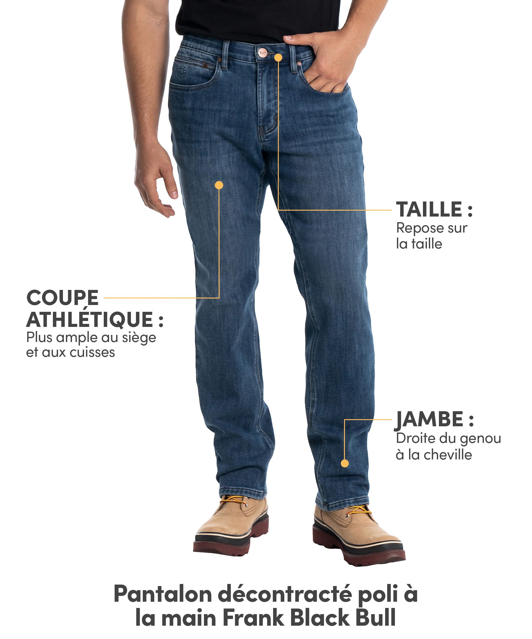 Pantalon coupe décontractée à taille mi-basse en denim extensible pour hommes, Black Bull