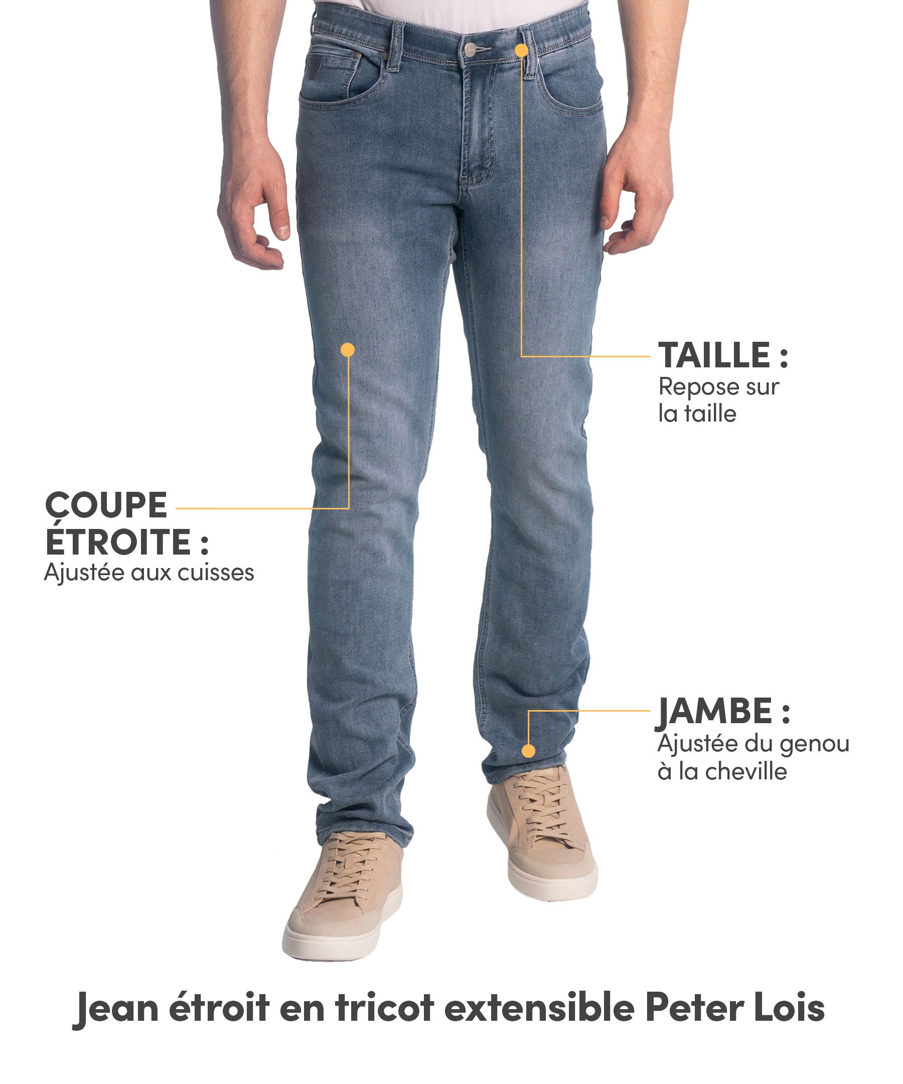 Jean en tricot de denim extensible à coupe étroite pour hommes, Peter - Délavé moyen