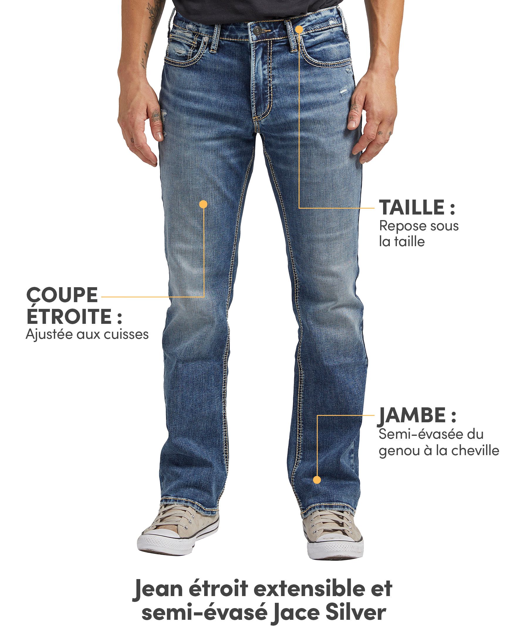 Jean en denim extensible semi-évasé à coupe étroite pour hommes, Silver, Jace