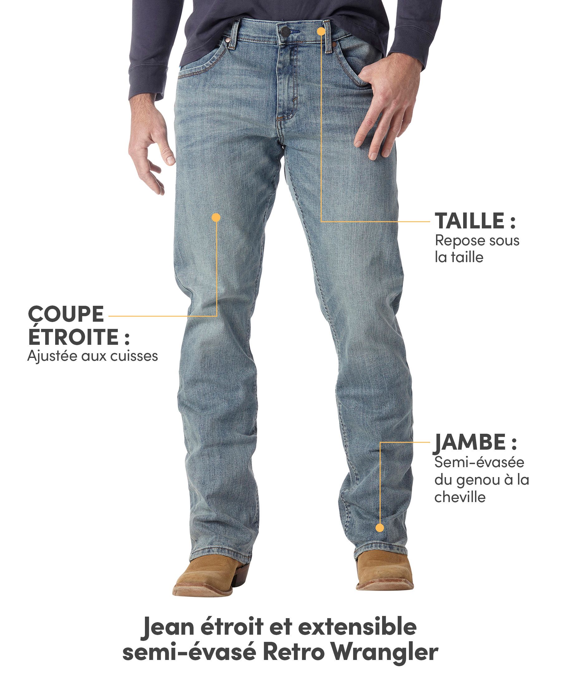 Jean étroit semi-évasé en denim extensible à taille mi-basse pour hommes, Wrangler, Retro