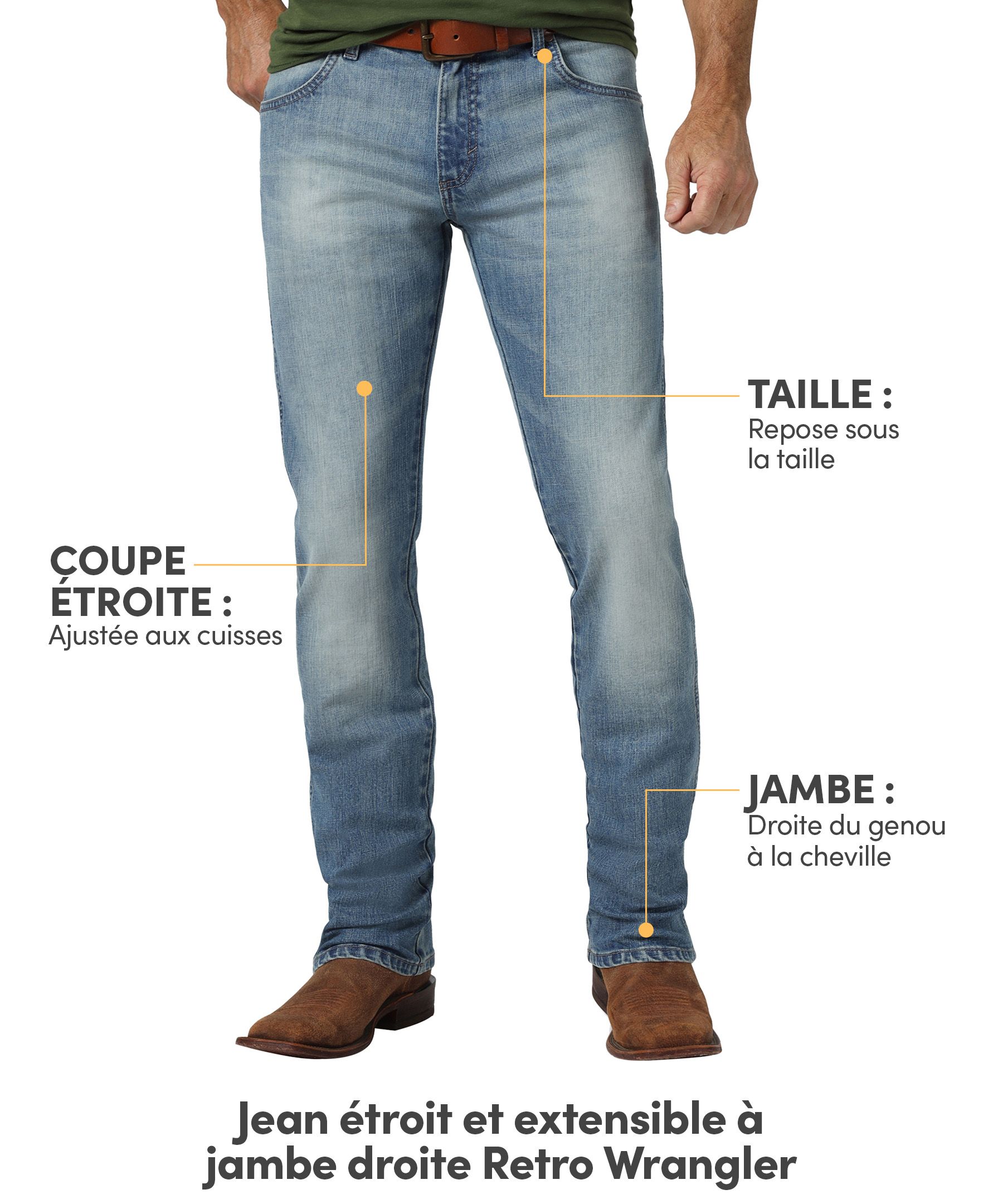 Jean en denim extensible étroit à taille mi-basse et à jambe droite pour hommes, Wrangler, Retro