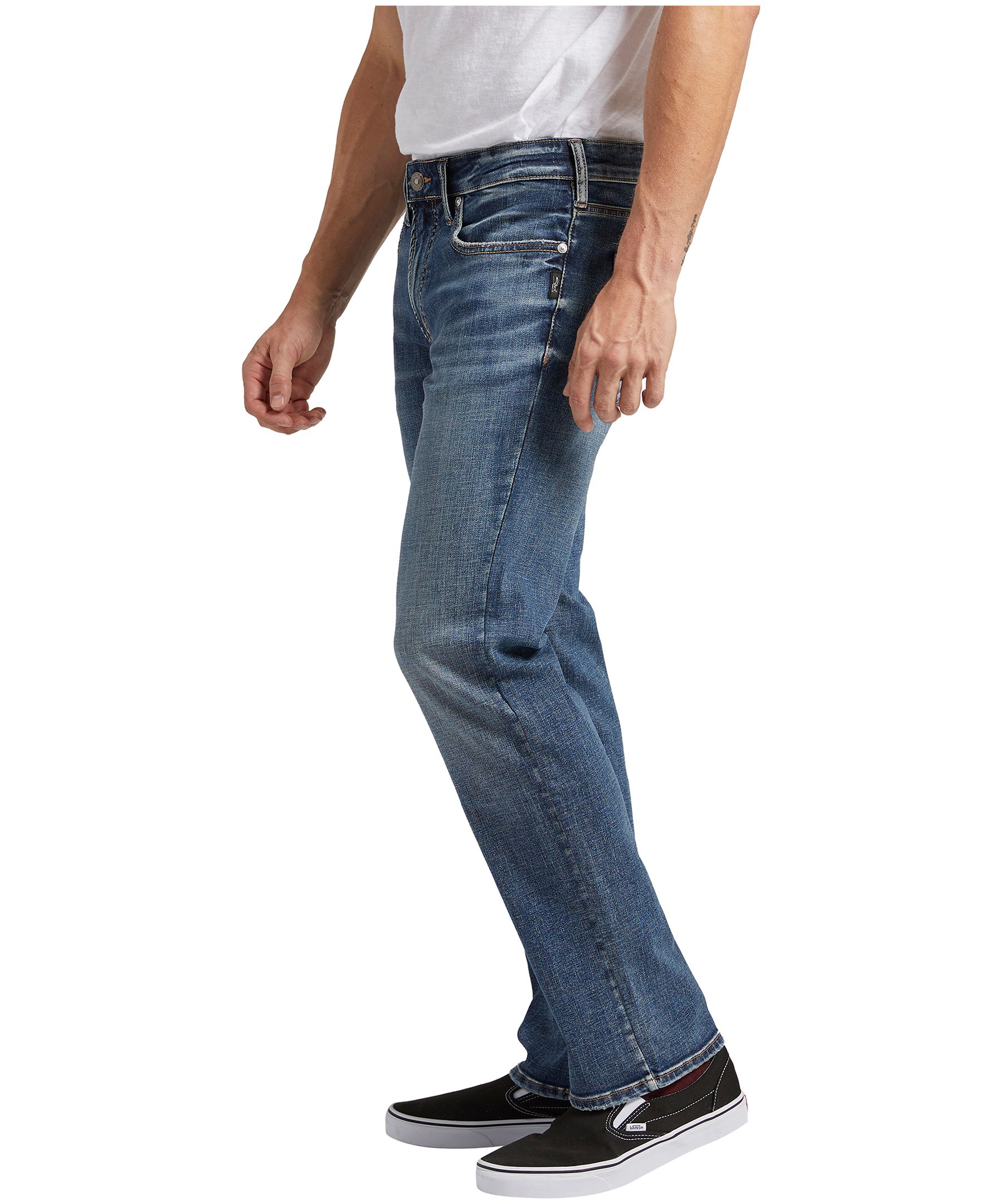 Jean coupe étroite en denim extensible à taille mi-basse et à jambe droite pour hommes, Silver, Allan