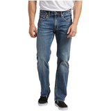 Jean coupe étroite en denim extensible à taille mi-basse et à jambe droite pour hommes, Silver, Allan Front_Flat