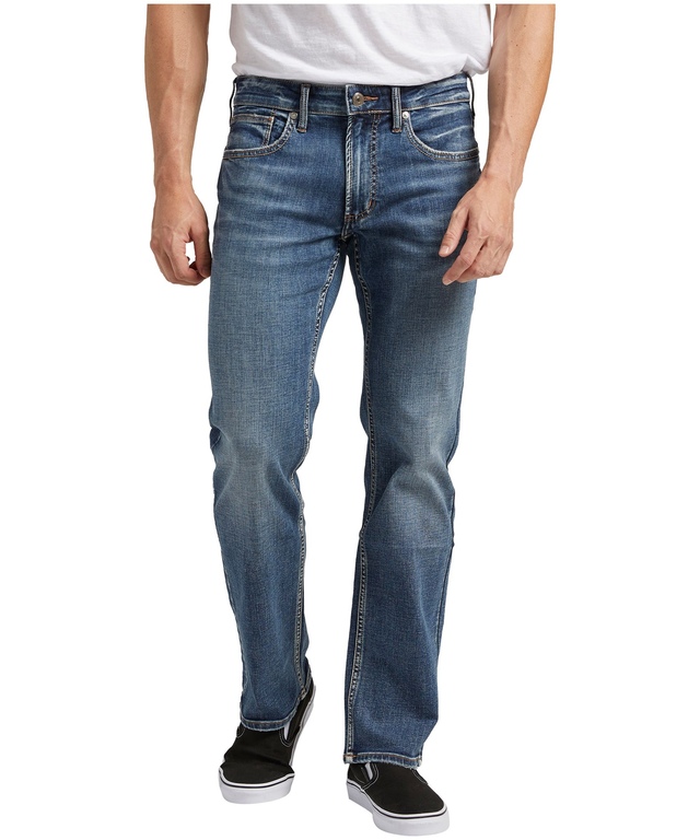 Jean coupe étroite en denim extensible à taille mi-basse et à jambe droite pour hommes, Silver, Allan