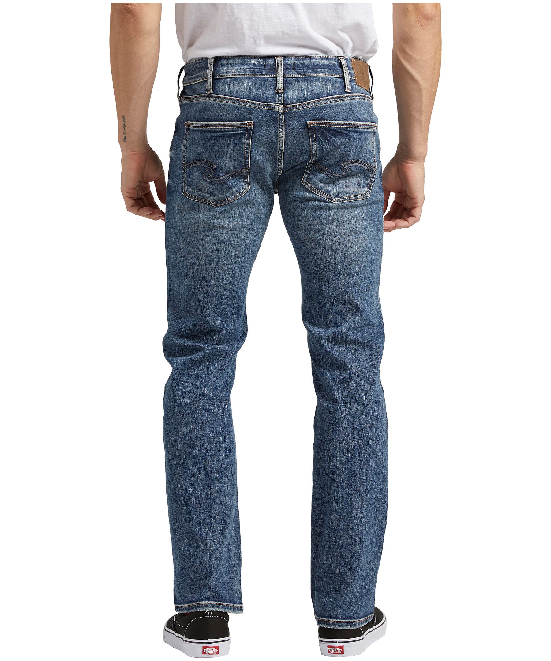 Jean coupe étroite en denim extensible à taille mi-basse et à jambe droite pour hommes, Silver, Allan