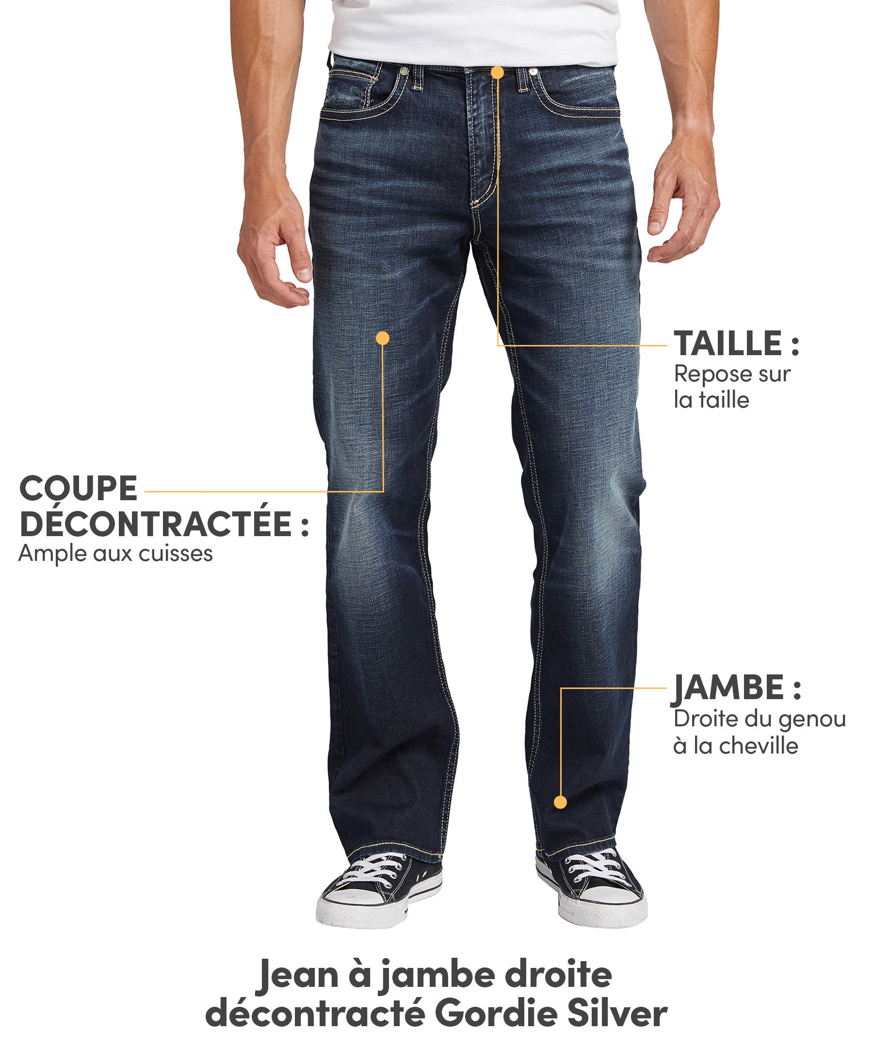 Jean décontracté à jambe droite, pour hommes, Gordie, Silver