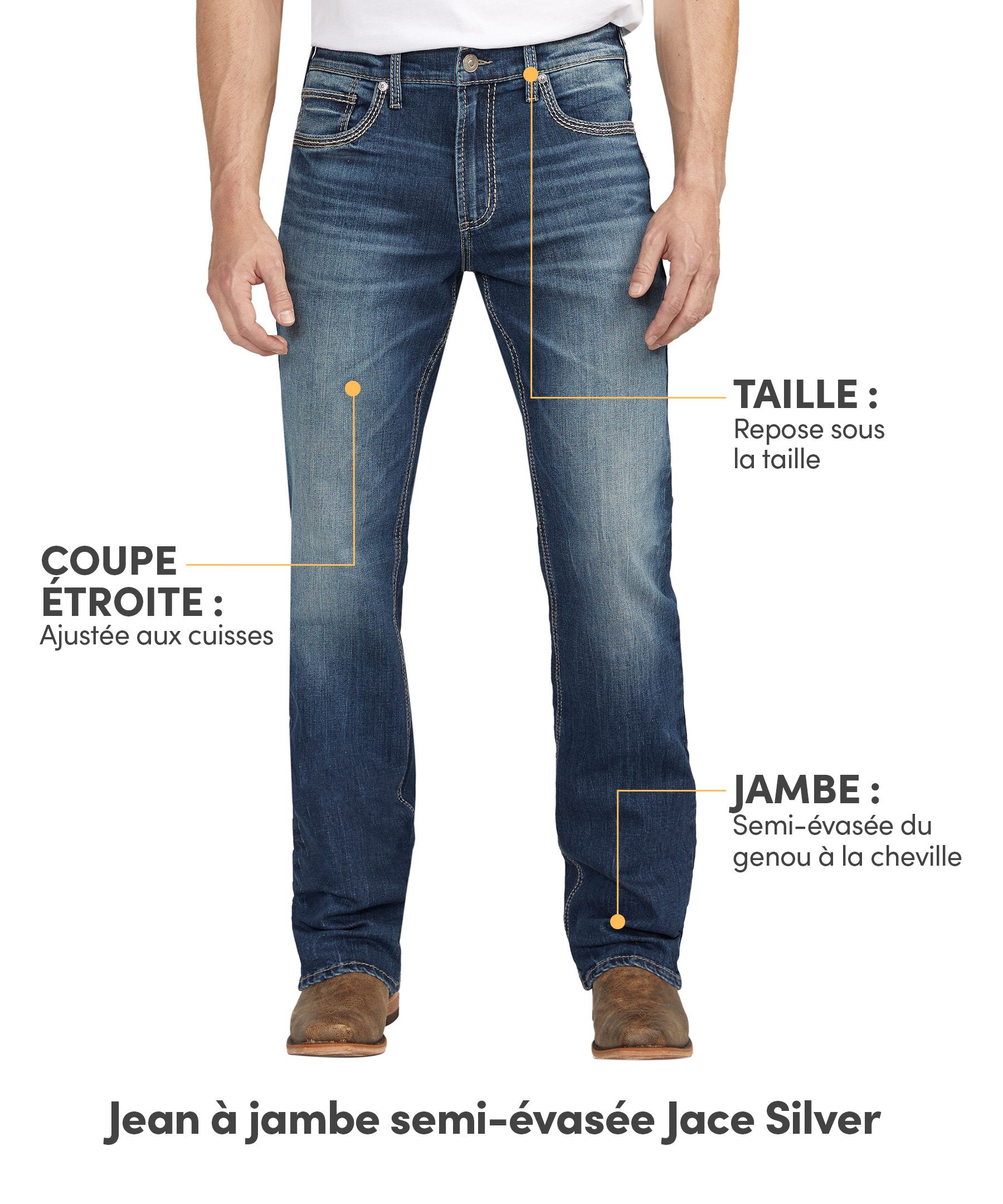 Jean Jace en denim extensible semi-évasé à coupe étroite pour hommes, Silver