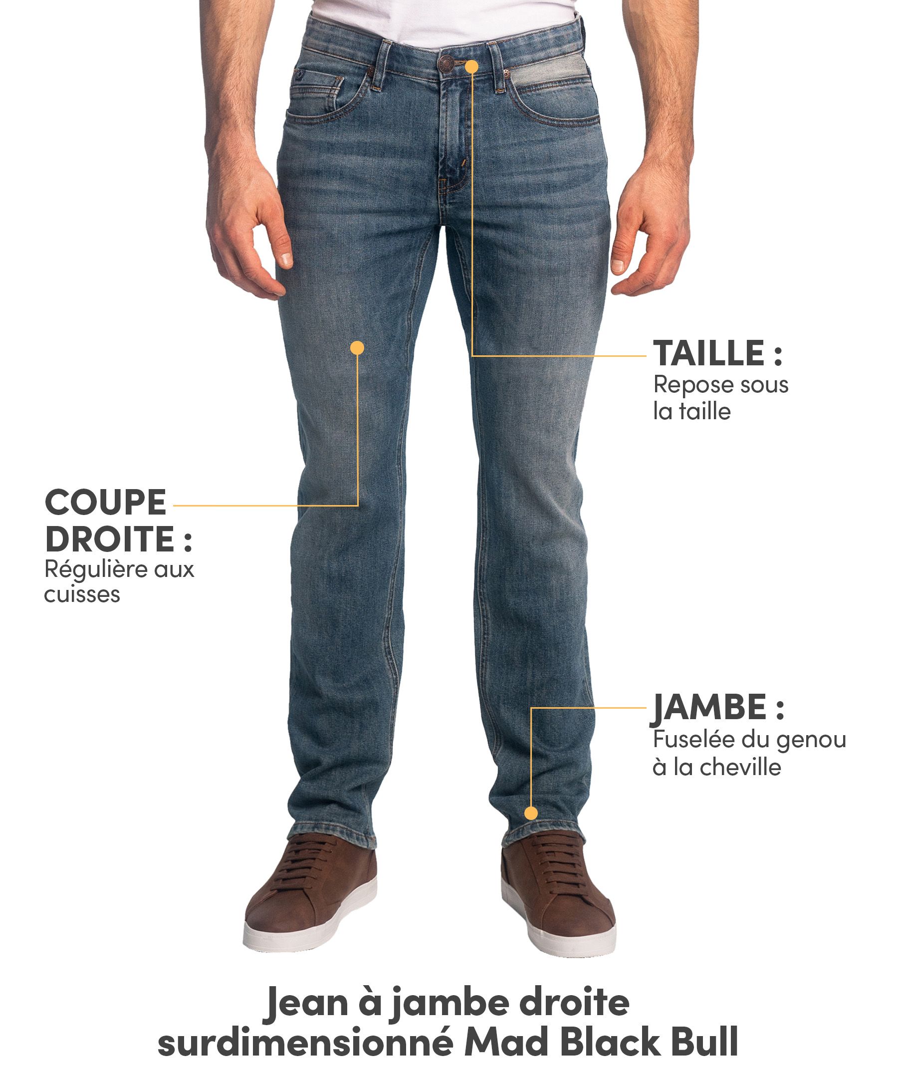 Jean à coupe surdimensionnée, à jambe droite et à taille basse pour hommes, Mad, Black Bull