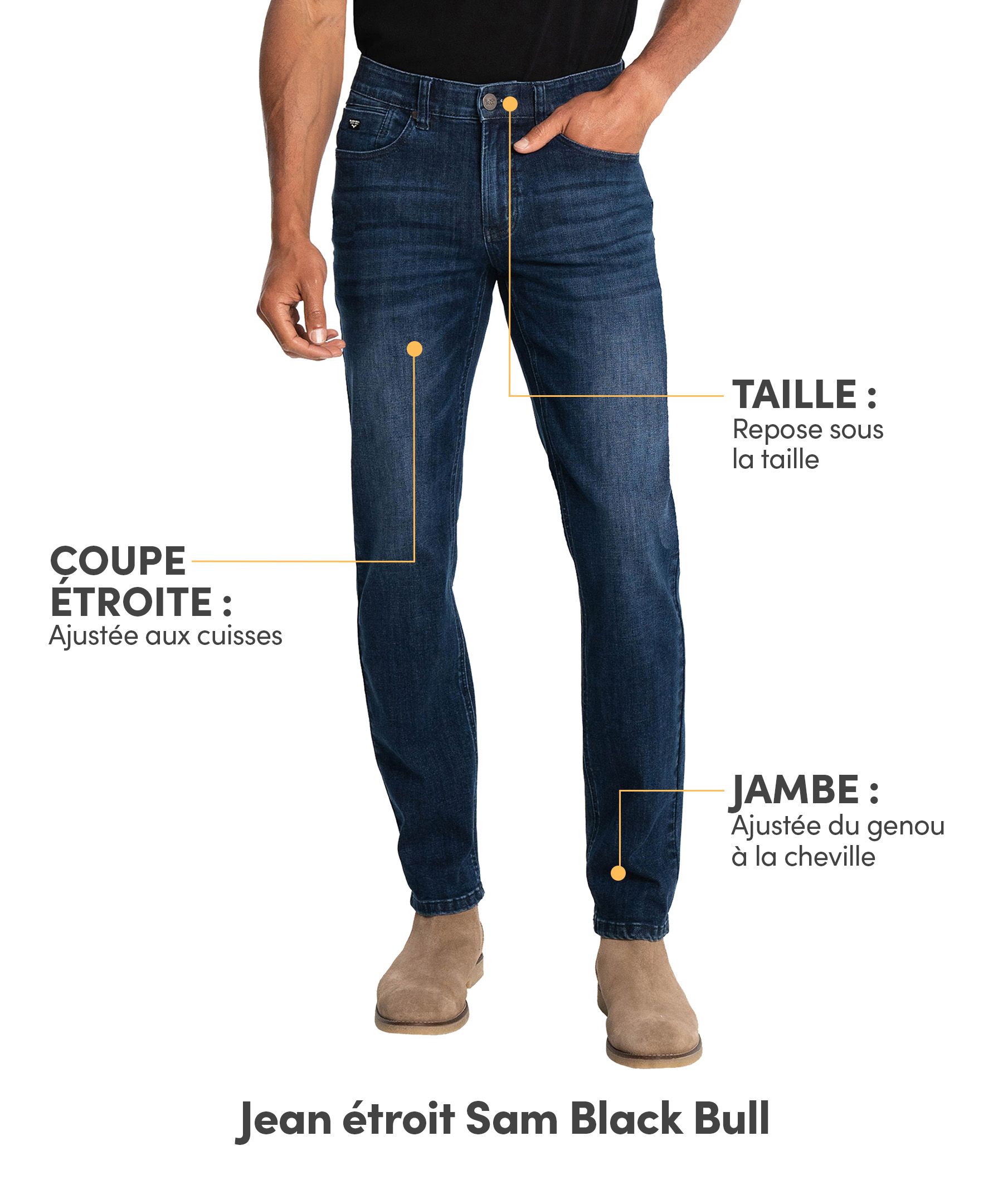 Jean étroit Sam à taille basse pour hommes, Black Bull