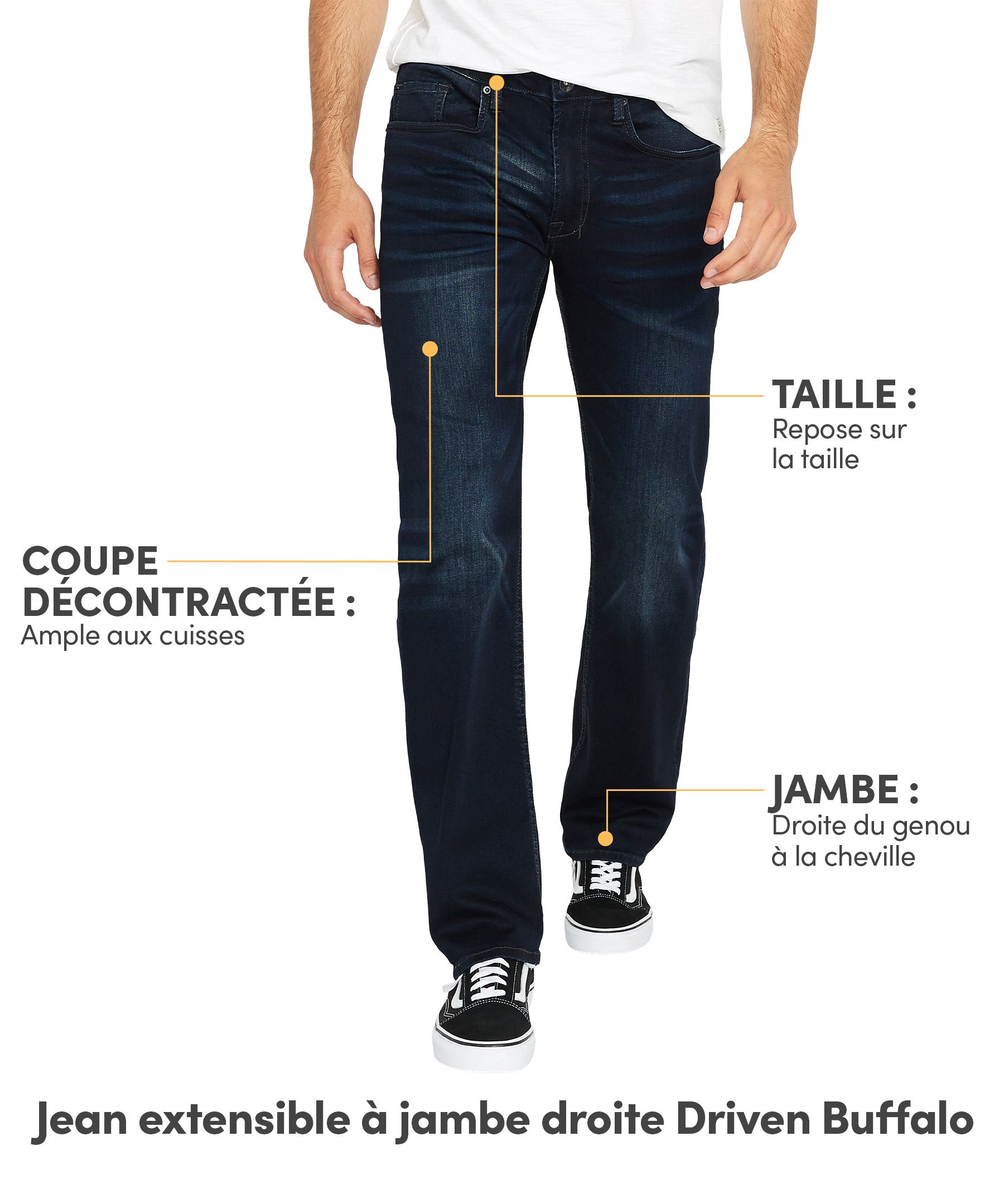 Jean extensible à coupe décontractée et à jambe droite pour hommes, Driven, Buffalo