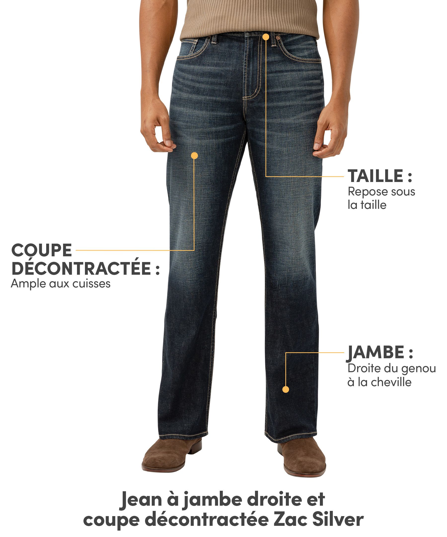 Jean décontracté à jambe droite pour hommes, Zac, Silver