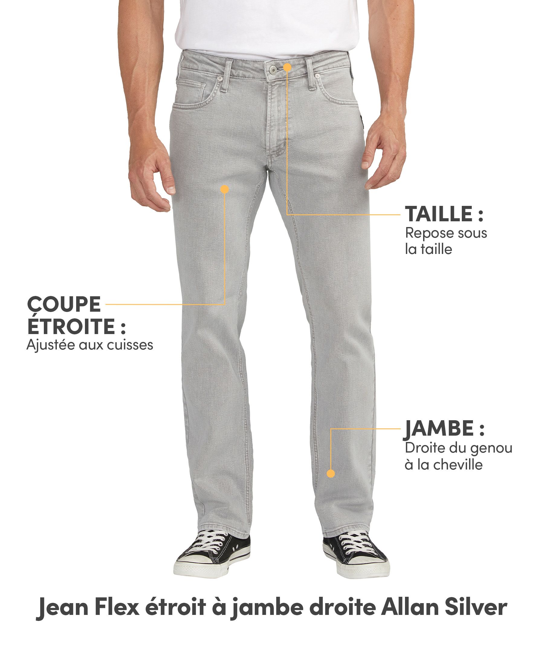 Jean extensible coupe étroite à jambe droite pour hommes, Allan, Silver