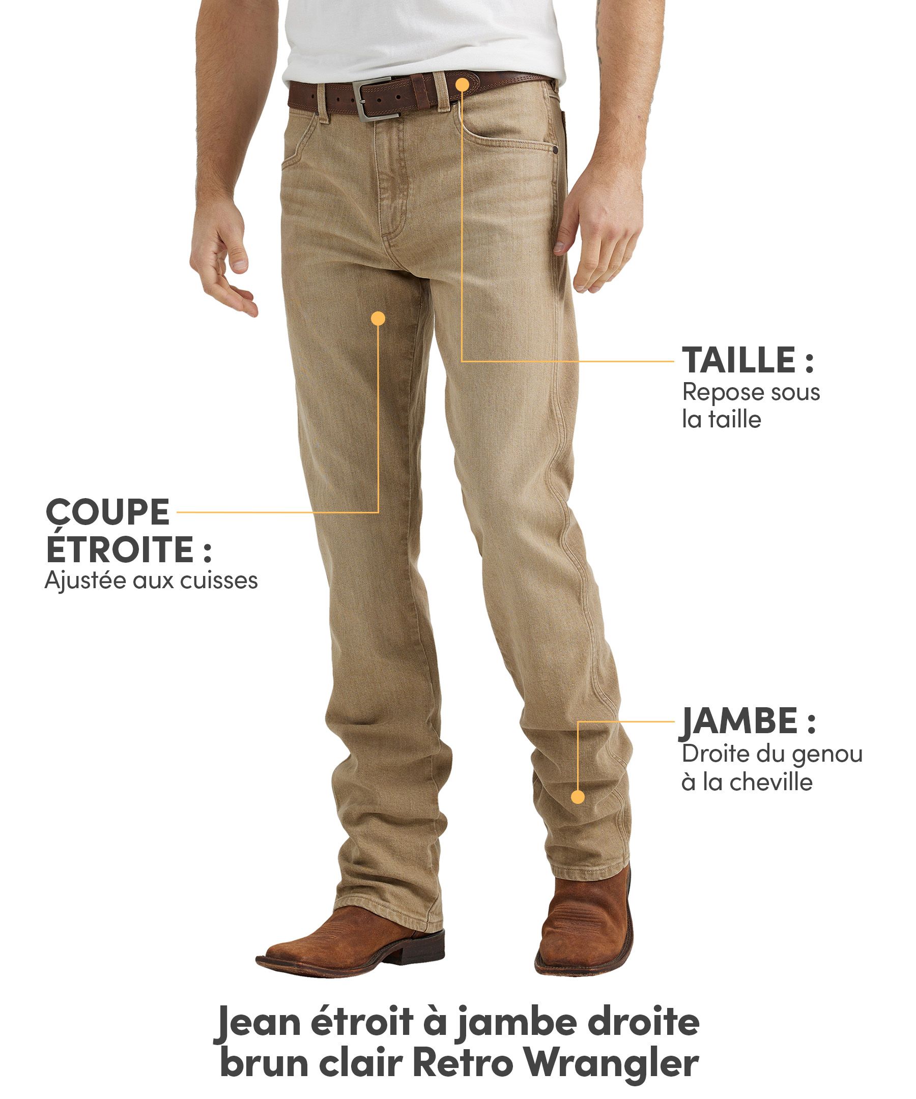 Jean étroit brun clair à jambe droite pour hommes, Retro, Wrangler