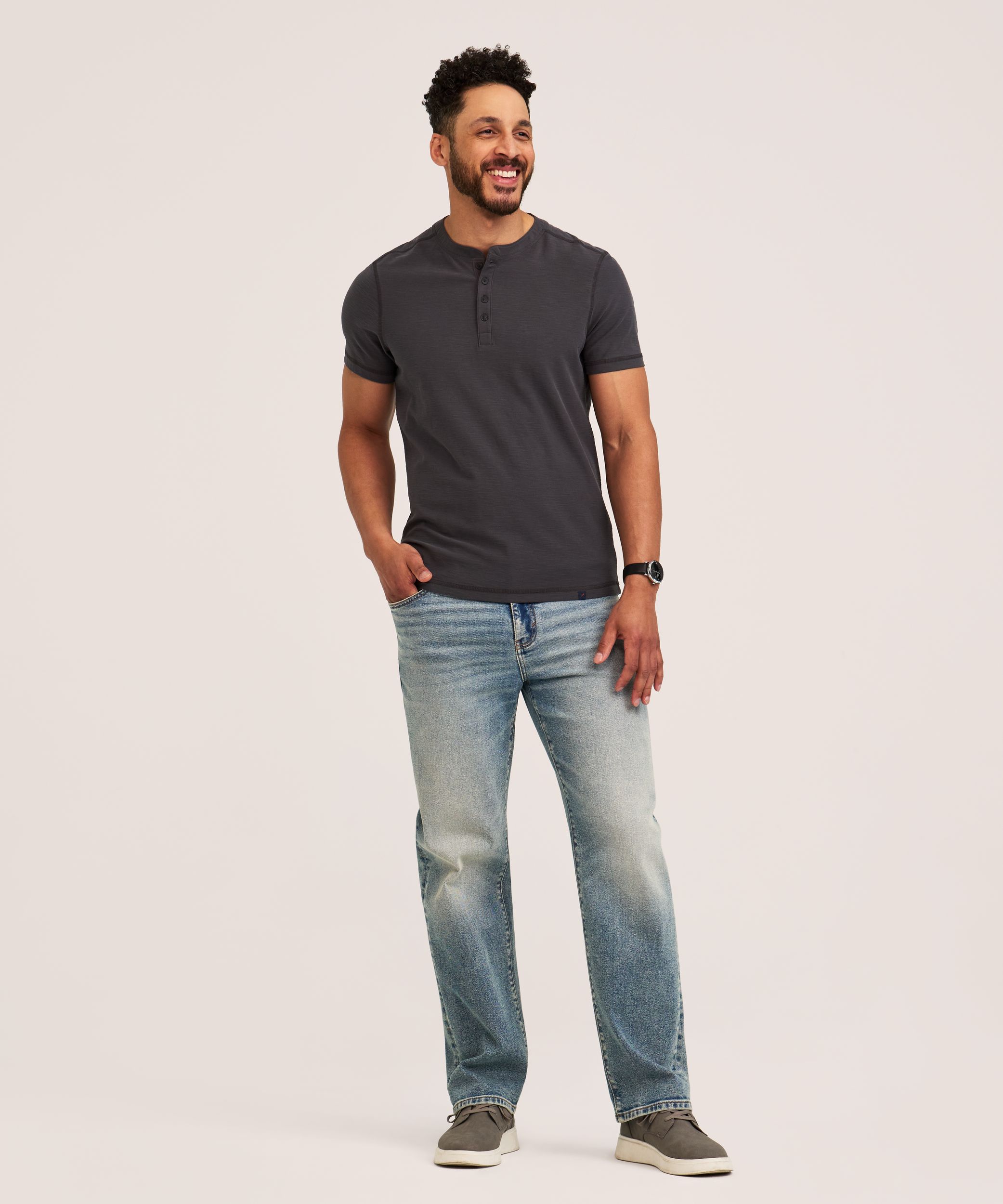 Haut Henley flammé et lavé après confection pour hommes, Denver Hayes